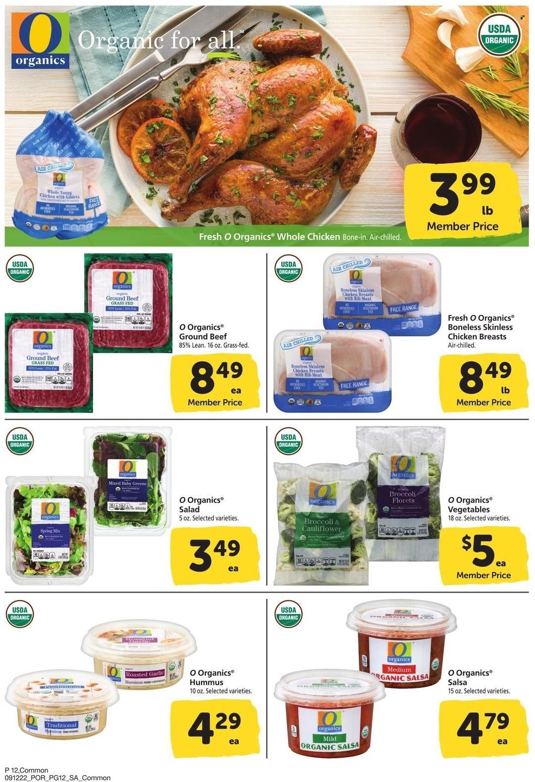 thumbnail - Safeway Flyer - 09/12/2022 - 10/09/2022 - Sales products - broccoli, cauliflower, salad, whole chicken, chicken breasts, beef meat, ground beef, Mars, salsa. Page 12.