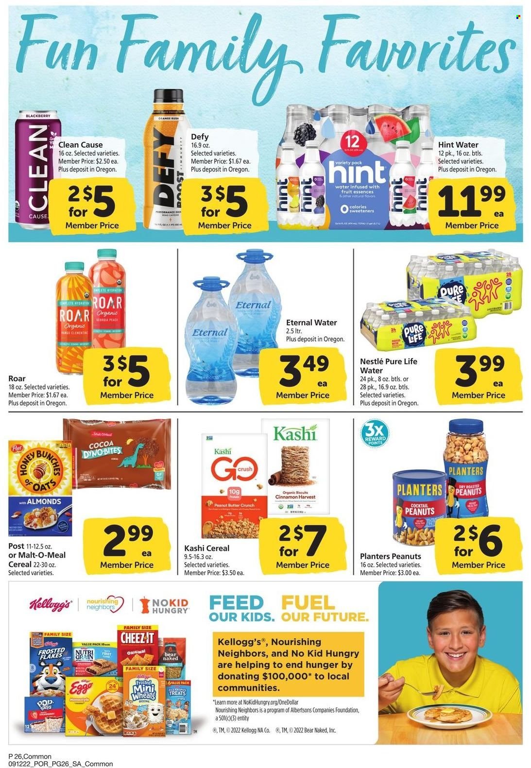 thumbnail - Safeway Flyer - 09/12/2022 - 10/09/2022 - Sales products - Nestlé, Kellogg's, biscuit, Cheez-It, cocoa, oats, malt, cereals, cinnamon, peanuts, Planters, Pure Life Water, Boost, bunches. Page 26.