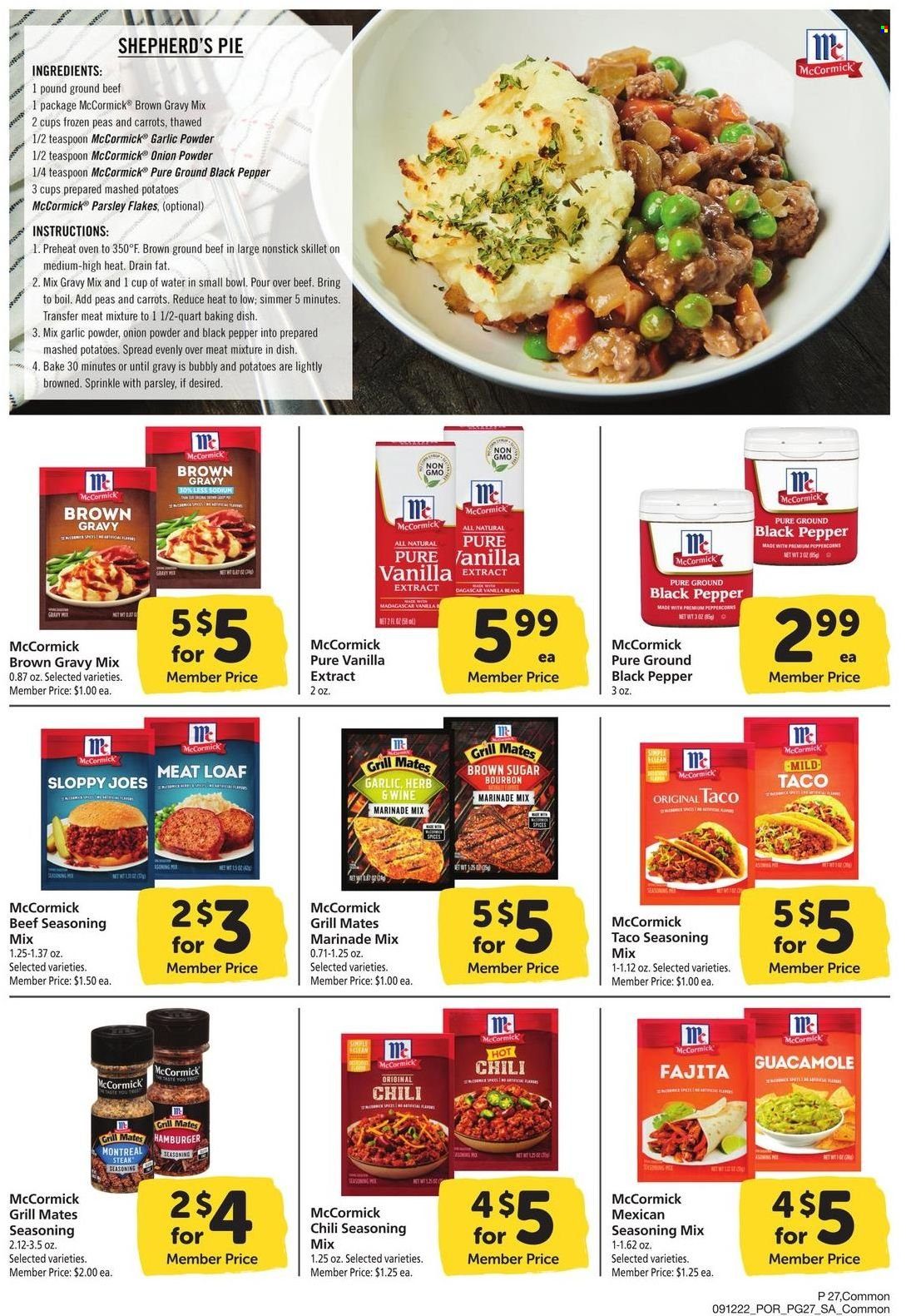 thumbnail - Safeway Flyer - 09/12/2022 - 10/09/2022 - Sales products - parsley, beef meat, ground beef, steak, hamburger, mashed potatoes, fajita, vanilla extract, guacamole, gravy mix, spice, garlic powder, onion powder, marinade, wine, teaspoon, grill. Page 27.