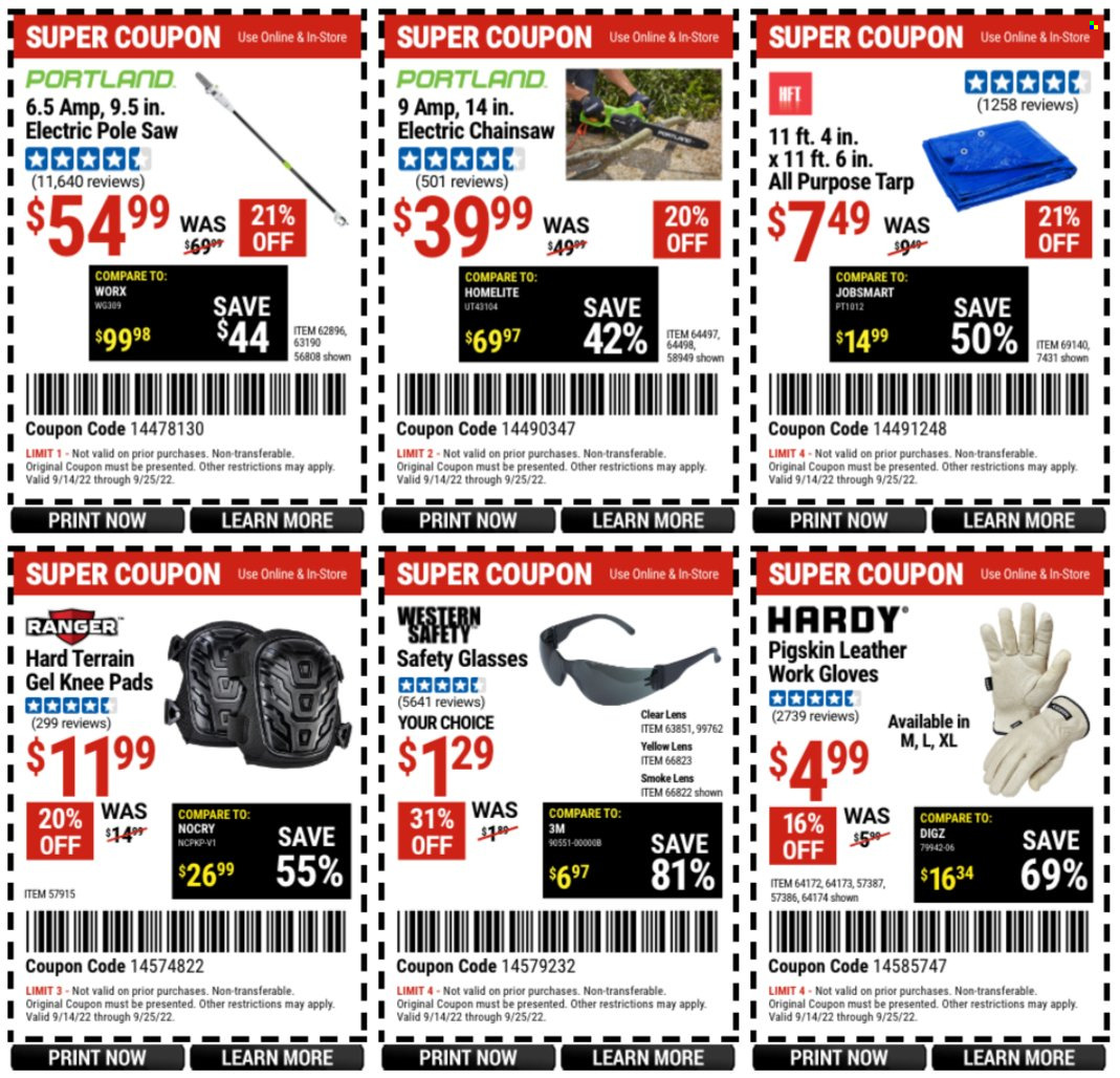 thumbnail - Harbor Freight Flyer - 09/14/2022 - 09/25/2022 - Sales products - knee pads, chain saw, saw, safety glasses, work gloves. Page 1.