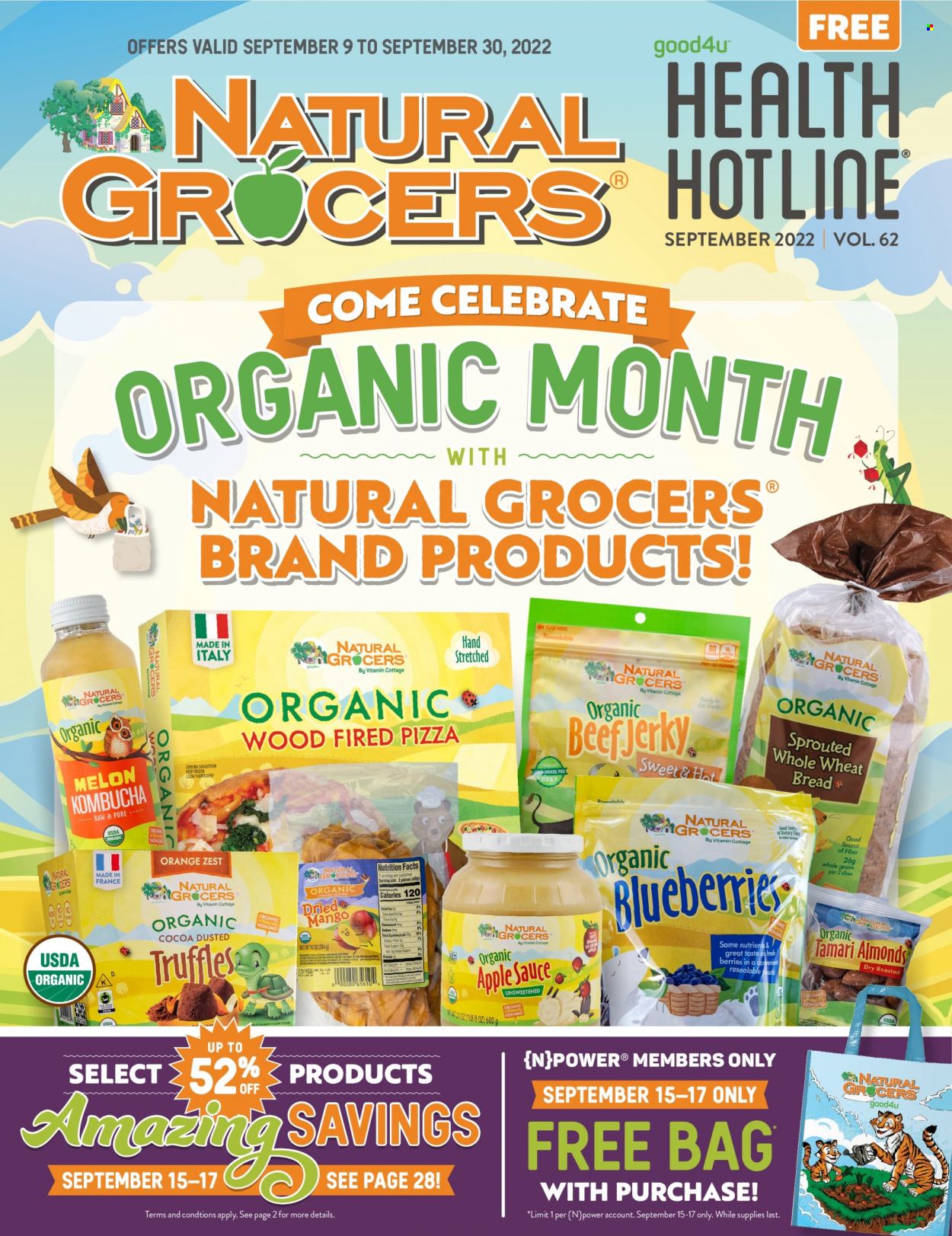 thumbnail - Natural Grocers Flyer - 09/09/2022 - 09/30/2022 - Sales products - wheat bread, blueberries, oranges, pizza, sauce, beef jerky, jerky, truffles, cocoa, apple sauce, almonds, dried fruit, kombucha, melons. Page 1.