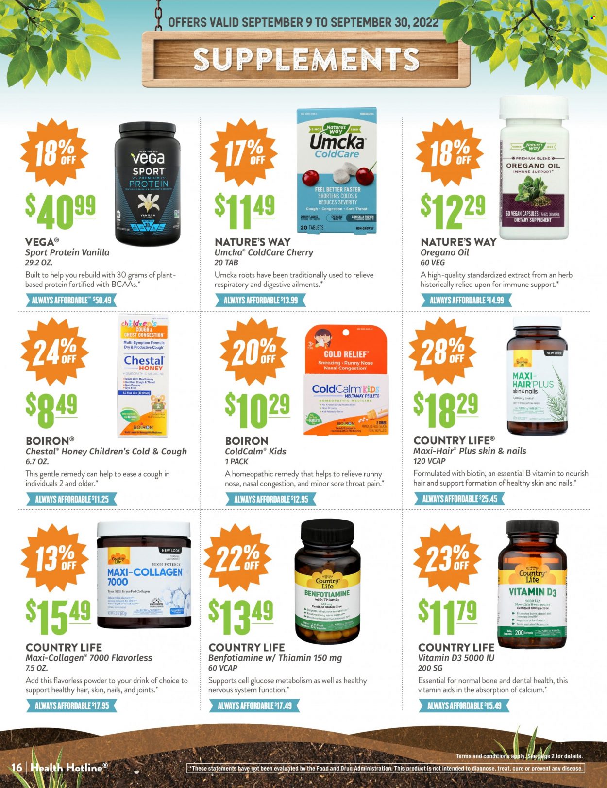 thumbnail - Natural Grocers Flyer - 09/09/2022 - 09/30/2022 - Sales products - cherries, herbs, oil, honey, Biotin, vitamin D3, Boiron. Page 16.