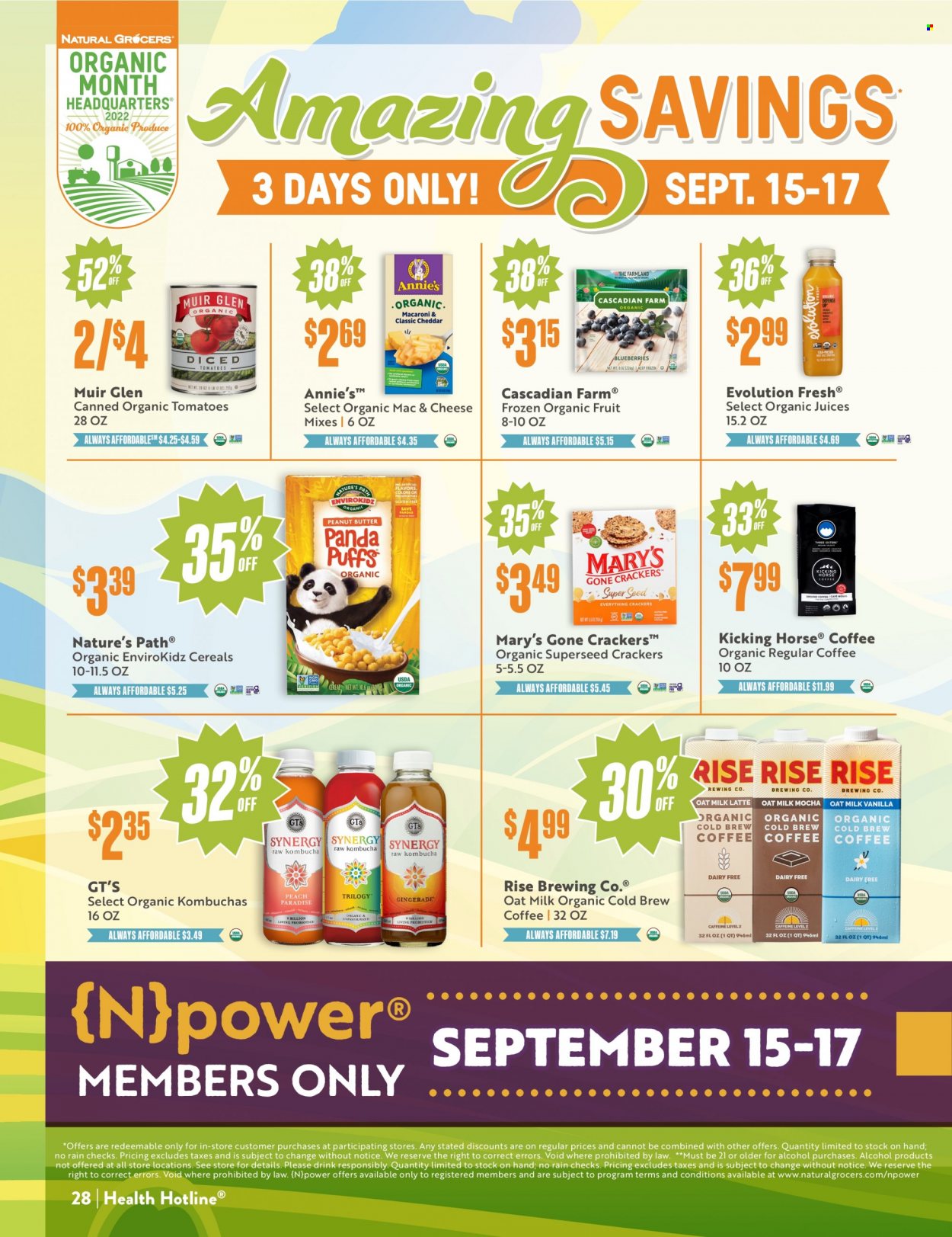thumbnail - Natural Grocers Flyer - 09/09/2022 - 09/30/2022 - Sales products - milk, oat milk, crackers, cereals, juice, coffee, alcohol. Page 28.