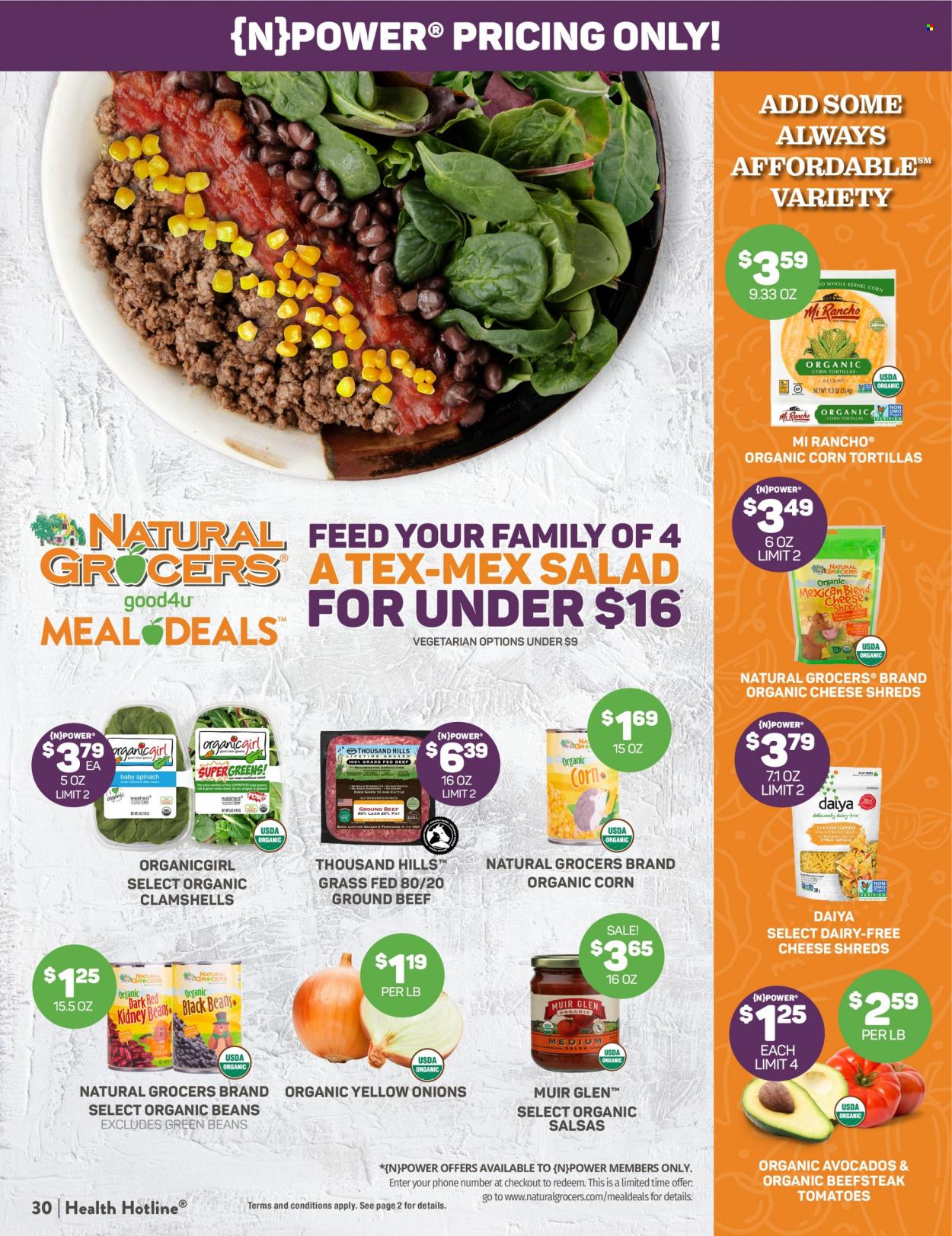 thumbnail - Natural Grocers Flyer - 09/09/2022 - 09/30/2022 - Sales products - corn tortillas, tortillas, beans, green beans, tomatoes, onion, salad, avocado, cheese, beef meat, ground beef. Page 30.