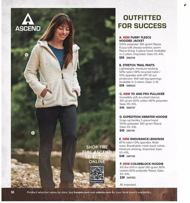 thumbnail - Bass Pro Shops Flyer - Sales products - hoodie, jacket, pants, sherpa, sweater, pullover, leggings. Page 58.