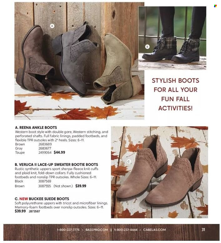 thumbnail - Cabela's Flyer - Sales products - boots, western boots, heels, sherpa, sweater. Page 31.