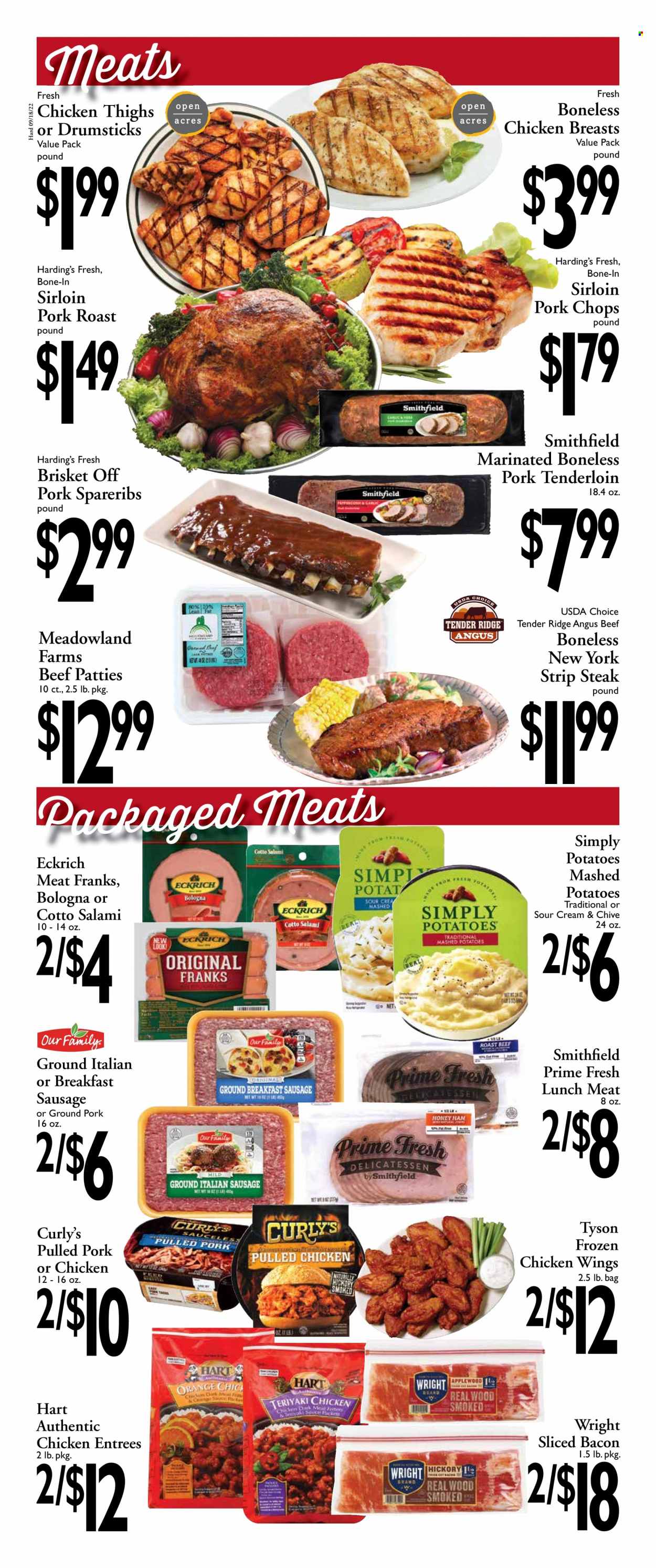 thumbnail - Harding's Markets Flyer - 09/18/2022 - 10/01/2022 - Sales products - mashed potatoes, pulled pork, bacon, salami, bologna sausage, sausage, lunch meat, chicken wings, chicken breasts, chicken thighs, beef meat, steak, striploin steak, ground pork, pork chops, pork meat, pork roast, pork tenderloin, pork spare ribs. Page 2.