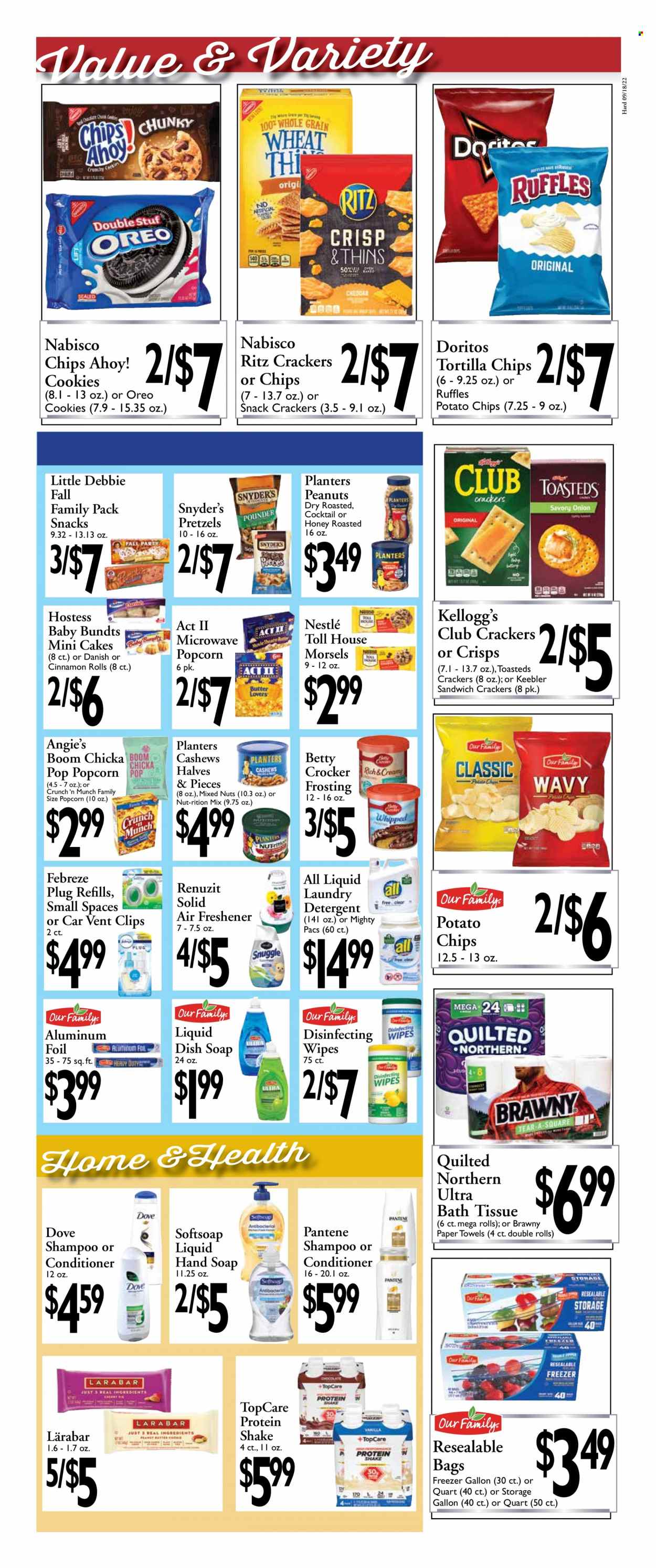 thumbnail - Harding's Markets Flyer - 09/18/2022 - 10/01/2022 - Sales products - pretzels, cake, cinnamon roll, Oreo, protein drink, shake, cookies, Dove, Nestlé, crackers, Kellogg's, Chips Ahoy!, Keebler, RITZ, Doritos, tortilla chips, potato chips, chips, popcorn, Ruffles, frosting, cashews, peanuts, mixed nuts, Planters, shampoo, Softsoap, hand soap, soap, conditioner, Pantene. Page 5.