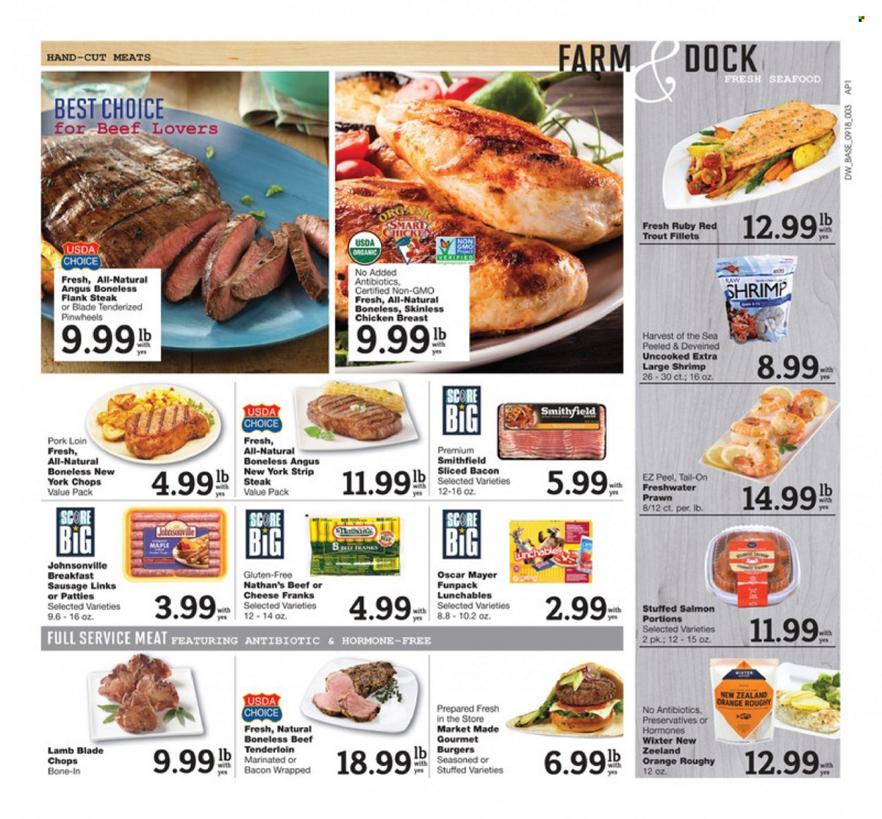 thumbnail - D&W Fresh Market Flyer - 09/18/2022 - 09/24/2022 - Sales products - oranges, salmon, trout, seafood, prawns, shrimps, hamburger, Lunchables, bacon, Johnsonville, Oscar Mayer, sausage, chicken breasts, beef meat, steak, beef tenderloin, striploin steak, flank steak, pork loin, pork meat. Page 3.