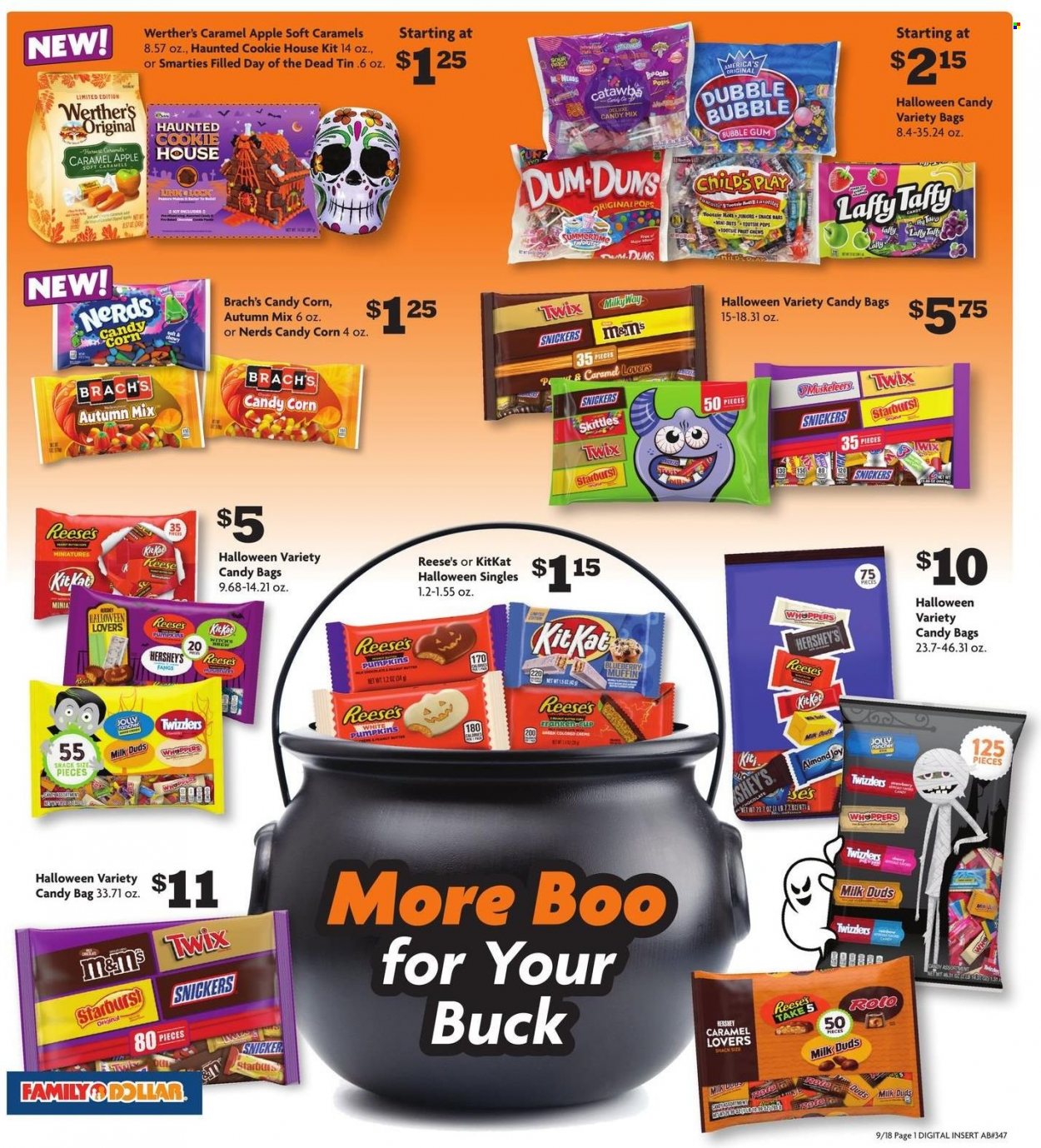 thumbnail - Family Dollar Flyer - 09/18/2022 - 10/31/2022 - Sales products - Apple, corn, pumpkin, butter, Reese's, Hershey's, snack, Milk Duds, Snickers, Twix, KitKat, bubblegum, M&M's, chewing gum, Skittles, snack bar, Starburst, Joy, cup, Halloween, smarties. Page 2.