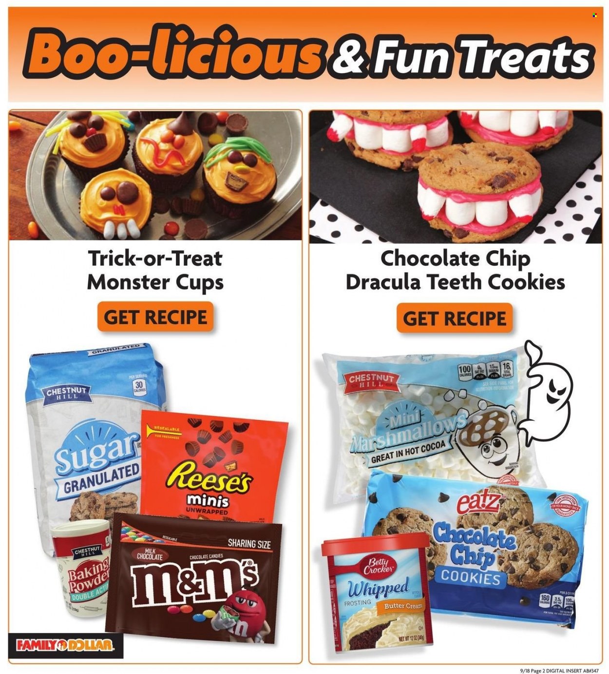 thumbnail - Family Dollar Flyer - 09/18/2022 - 10/31/2022 - Sales products - butter, Reese's, cookies, marshmallows, milk chocolate, M&M's, chocolate candies, baking powder, frosting, sugar, Monster, hot cocoa, cup, DVD. Page 3.
