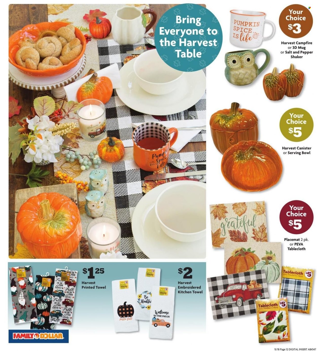 thumbnail - Family Dollar Flyer - 09/18/2022 - 10/31/2022 - Sales products - filo dough, pepper, spice, kitchen towels, canister, mug, pepper shaker, shaker, serving bowl, bowl, tablecloth, placemat, Campfire. Page 13.