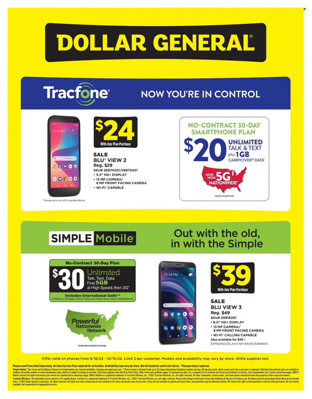 thumbnail - Dollar General Flyer - 09/18/2022 - 10/15/2022 - Sales products - Samsung Galaxy, Dial, Samsung, phone, Samsung Galaxy A01. Page 1.