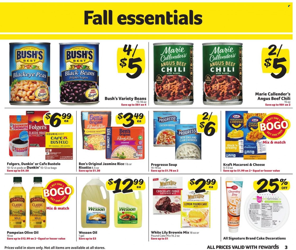 thumbnail - Winn Dixie Flyer - 09/21/2022 - 10/04/2022 - Sales products - donut, brownie mix, cake mix, oranges, macaroni & cheese, noodles, Progresso, Marie Callender's, Kraft®, fudge, chocolate, cornstarch, black beans, clam chowder, rice, jasmine rice, vegetable oil, olive oil, oil, Folgers, coffee capsules, K-Cups, Keurig, beef meat, bag. Page 3.