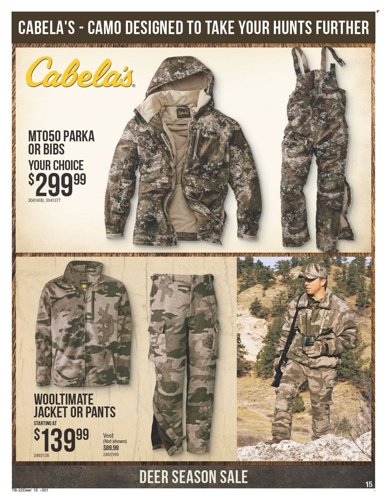 thumbnail - Cabela's Flyer - 09/15/2022 - 10/12/2022 - Sales products - jacket, parka, pants, vest. Page 15.