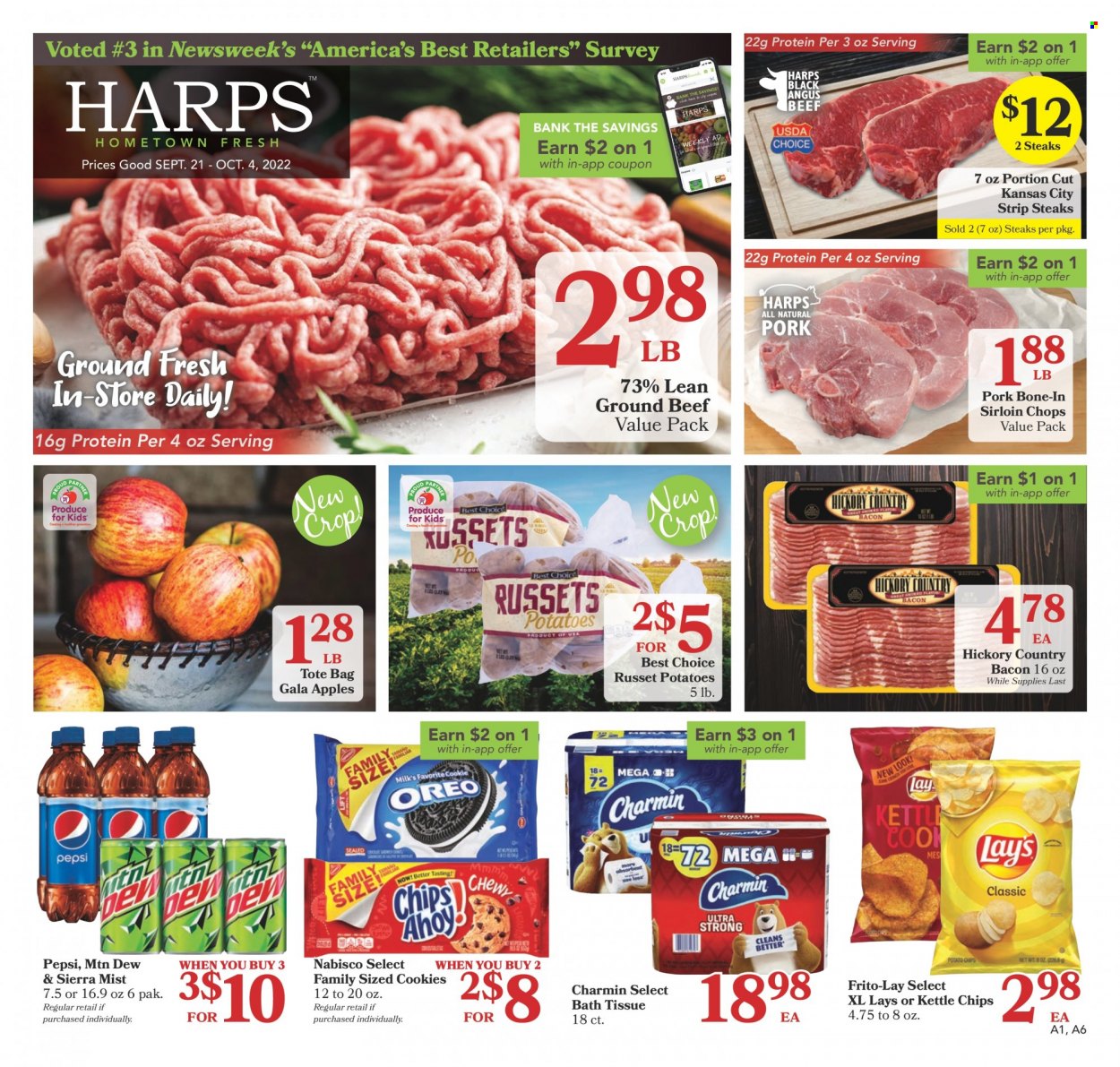 thumbnail - Harps Hometown Fresh Flyer - 09/21/2022 - 10/04/2022 - Sales products - russet potatoes, potatoes, apples, Gala, bacon, cookies, chips, Lay’s, Frito-Lay, Mountain Dew, Pepsi, Sierra Mist, beef meat, ground beef, steak, striploin steak. Page 1.