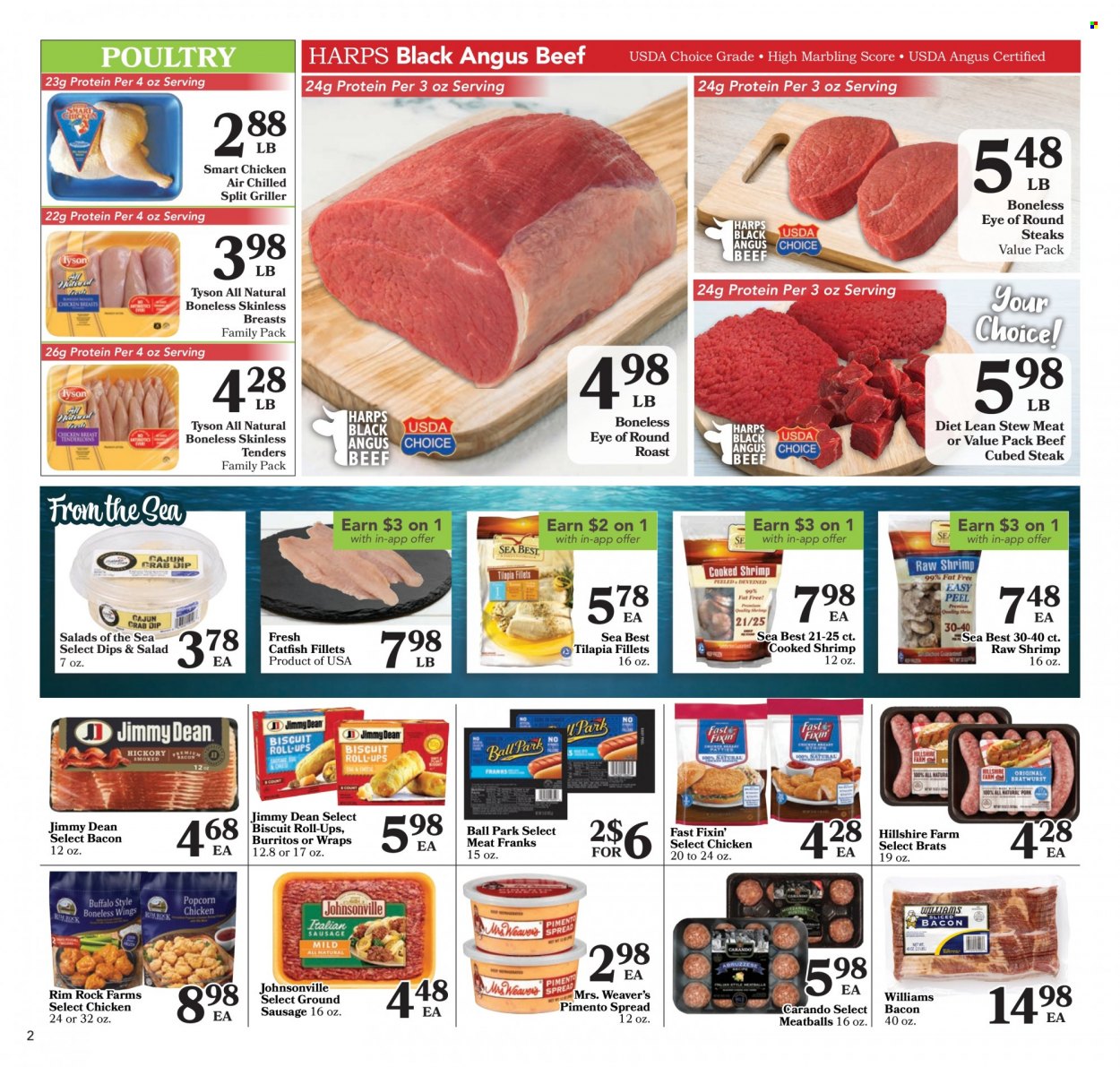 thumbnail - Harps Hometown Fresh Flyer - 09/21/2022 - 10/04/2022 - Sales products - stew meat, Fast Fixin', wraps, catfish, tilapia, shrimps, meatballs, burrito, Jimmy Dean, bacon, Hillshire Farm, Johnsonville, sausage, biscuit, beef meat, steak, eye of round, round roast. Page 2.