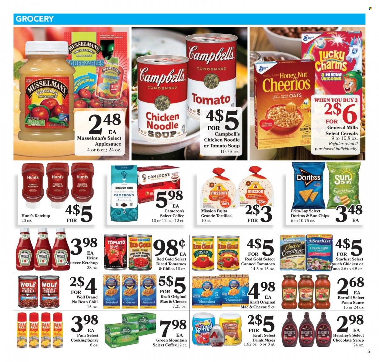 thumbnail - Harps Hometown Fresh Flyer - 09/21/2022 - 10/04/2022 - Sales products - tortillas, tomatoes, tuna, StarKist, Campbell's, tomato soup, pasta sauce, soup, sauce, fajita, noodles, Kraft®, Bertolli, Hershey's, Doritos, chips, Frito-Lay, Heinz, diced tomatoes, cereals, ketchup, cooking spray, apple sauce, chocolate syrup, syrup, coffee, Green Mountain. Page 5.
