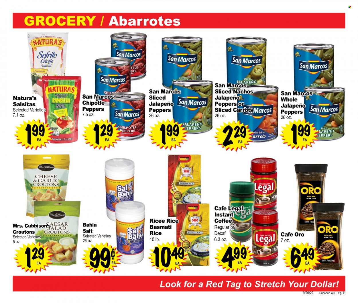 thumbnail - Superior Grocers Flyer - 09/20/2022 - 10/24/2022 - Sales products - carrots, jalapeño, pasta sauce, sauce, croutons, salt, basmati rice, rice, adobo sauce, instant coffee. Page 11.