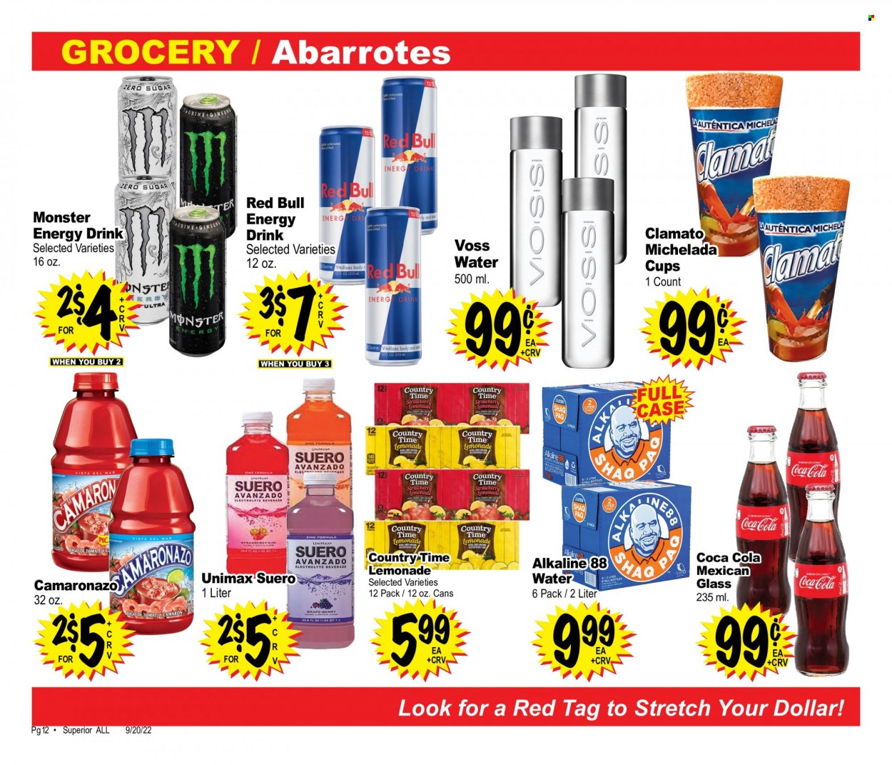 thumbnail - Superior Grocers Flyer - 09/20/2022 - 10/24/2022 - Sales products - Coca-Cola, lemonade, energy drink, Monster, Clamato, Red Bull, Monster Energy, Country Time, mineral water, Voss, cup. Page 12.