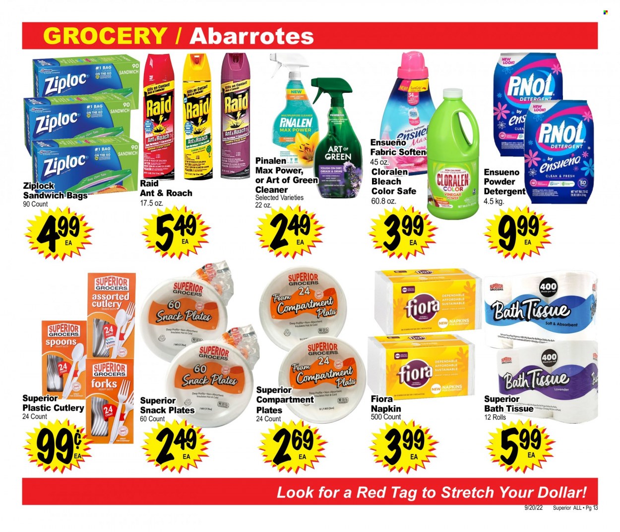 thumbnail - Superior Grocers Flyer - 09/20/2022 - 10/24/2022 - Sales products - snack, vinegar, fabric softener, bleach, knife, spoon, plate, disposable cutlery, Ziploc, bag. Page 13.