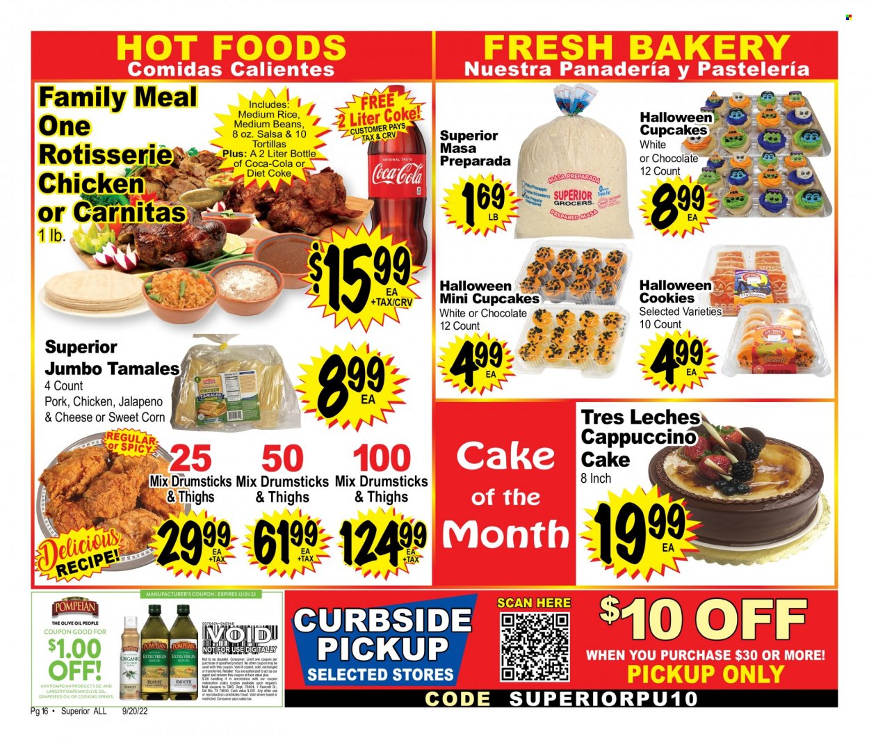 thumbnail - Superior Grocers Flyer - 09/20/2022 - 10/24/2022 - Sales products - tortillas, cake, cupcake, corn, jalapeño, sweet corn, chicken roast, cookies, chocolate, rice, salsa, olive oil, grape seed oil, Coca-Cola, Diet Coke, cappuccino. Page 16.