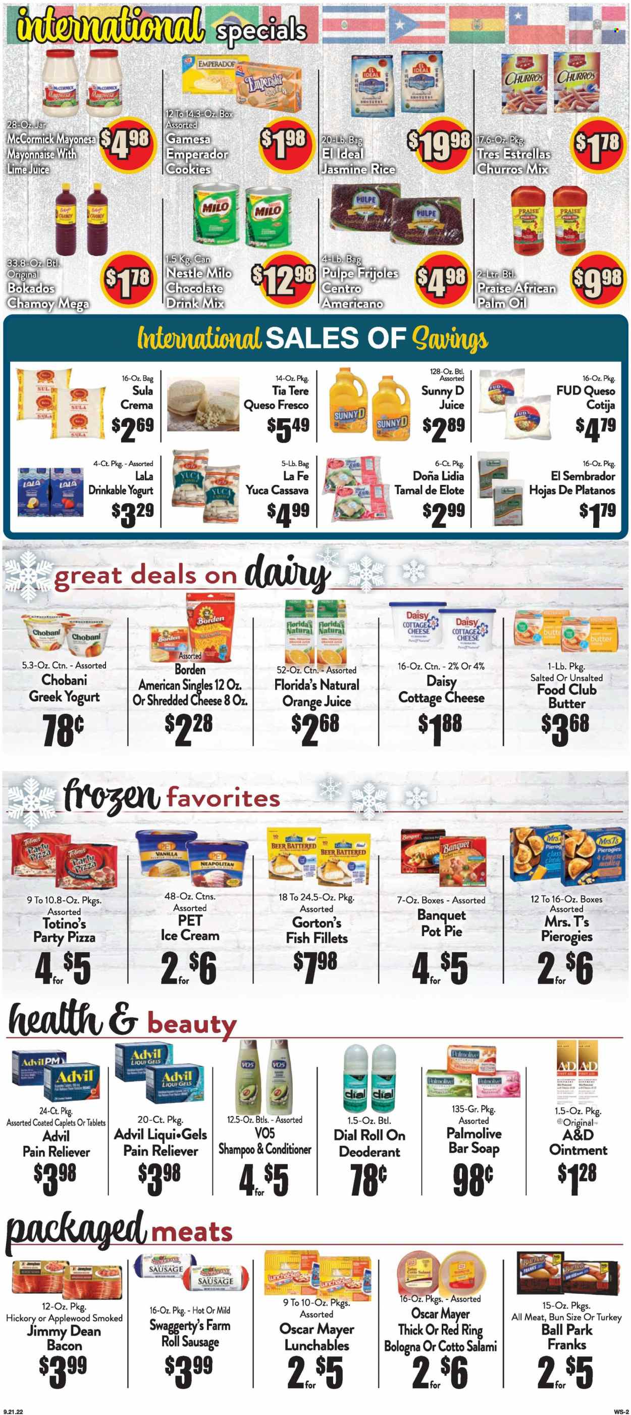 thumbnail - Compare Foods Flyer - 09/21/2022 - 10/04/2022 - Sales products - pie, pot pie, peppers, cassava, fish fillets, fish, Gorton's, pizza, Lunchables, Jimmy Dean, bacon, salami, bologna sausage, Oscar Mayer, sausage, cottage cheese, shredded cheese, queso fresco, greek yoghurt, yoghurt, Chobani, Milo, butter, mayonnaise, ice cream, cookies, Nestlé, Florida's Natural, churros, rice, jasmine rice, palm oil, oil, orange juice, chocolate drink, beer, pot, ointment, Advil Rapid. Page 2.