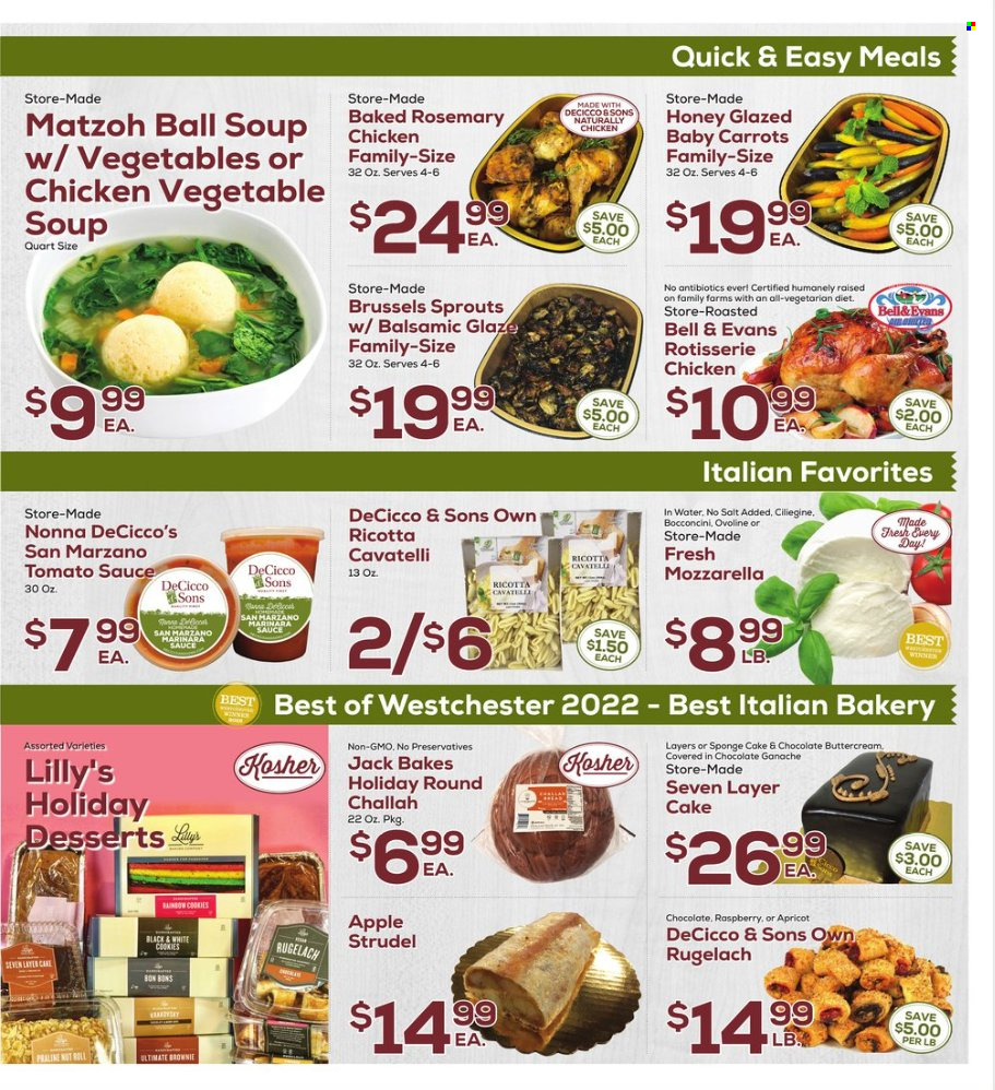 thumbnail - DeCicco & Sons Flyer - 09/23/2022 - 09/29/2022 - Sales products - strudel, sponge cake, challah, brownies, vegetable soup, chicken roast, soup, sauce, bocconcini, mozzarella, cookies, chocolate, tomato sauce, rosemary, balsamic glaze. Page 3.