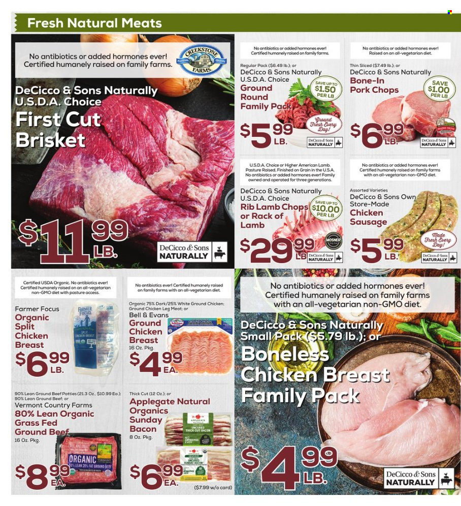 thumbnail - DeCicco & Sons Flyer - 09/23/2022 - 09/29/2022 - Sales products - bacon, sausage, chicken sausage, ground chicken, chicken breasts, chicken legs, beef meat, ground beef, pork chops, pork meat, lamb chops, lamb meat, rack of lamb. Page 4.