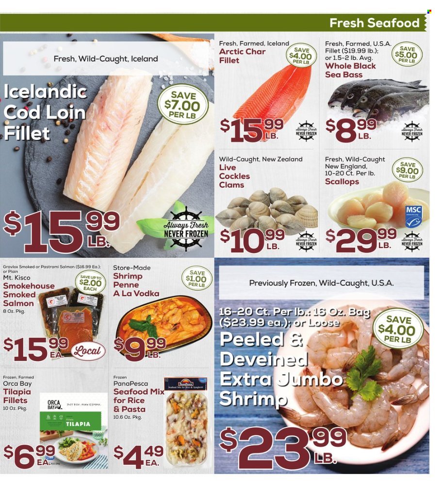 thumbnail - DeCicco & Sons Flyer - 09/23/2022 - 09/29/2022 - Sales products - clams, cod, salmon, scallops, sea bass, smoked salmon, tilapia, seafood, shrimps, Orca Bay, pasta, pastrami, rice, penne, vodka, beef meat. Page 5.