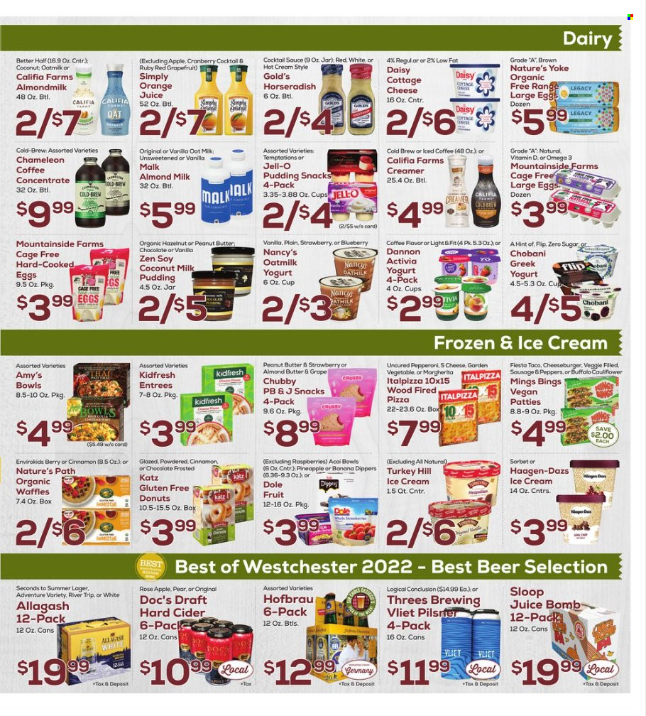 thumbnail - DeCicco & Sons Flyer - 09/23/2022 - 09/29/2022 - Sales products - donut, waffles, horseradish, Dole, grapefruits, pears, pizza, sauce, cheeseburger, sausage, pepperoni, cottage cheese, greek yoghurt, pudding, yoghurt, Activia, Chobani, Dannon, almond milk, oat milk, cage free eggs, large eggs, almond butter, creamer, ice cream, Häagen-Dazs, snack, Jell-O, coconut milk, cinnamon, cocktail sauce, orange juice, juice, iced coffee, rosé wine, cider, beer, Lager. Page 7.