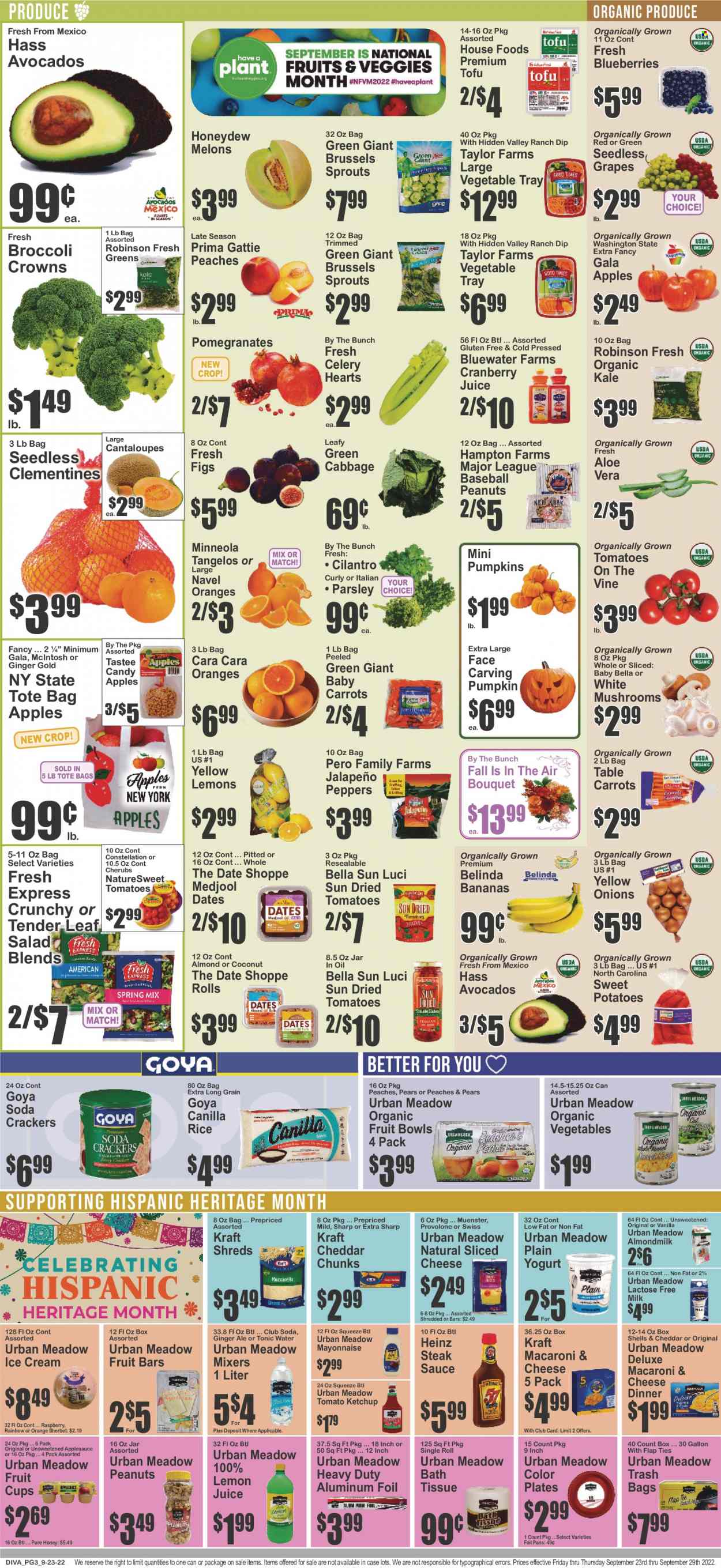 thumbnail - Key Food Flyer - 09/23/2022 - 09/29/2022 - Sales products - mushrooms, cabbage, cantaloupe, carrots, celery, sweet potato, kale, potatoes, pumpkin, parsley, onion, salad, jalapeño, brussel sprouts, sleeved celery, avocado, figs, Gala, grapes, seedless grapes, tangelos, honeydew, pears, oranges, fruit cup, macaroni & cheese, sauce, Kraft®, sliced cheese, Münster cheese, tofu, Provolone, almond milk, milk, lactose free milk, mayonnaise, dip, ice cream, sherbet, crackers, dried tomatoes, Heinz, Goya, Bella Sun Luci, rice, cilantro, steak sauce, ketchup, apple sauce, honey, peanuts, dried dates, cranberry juice, ginger ale, tonic, Club Soda, lemon juice, steak, bath tissue, trash bags, tray, plate, bouquet, clementines, melons, pomegranate, peaches, navel oranges. Page 4.