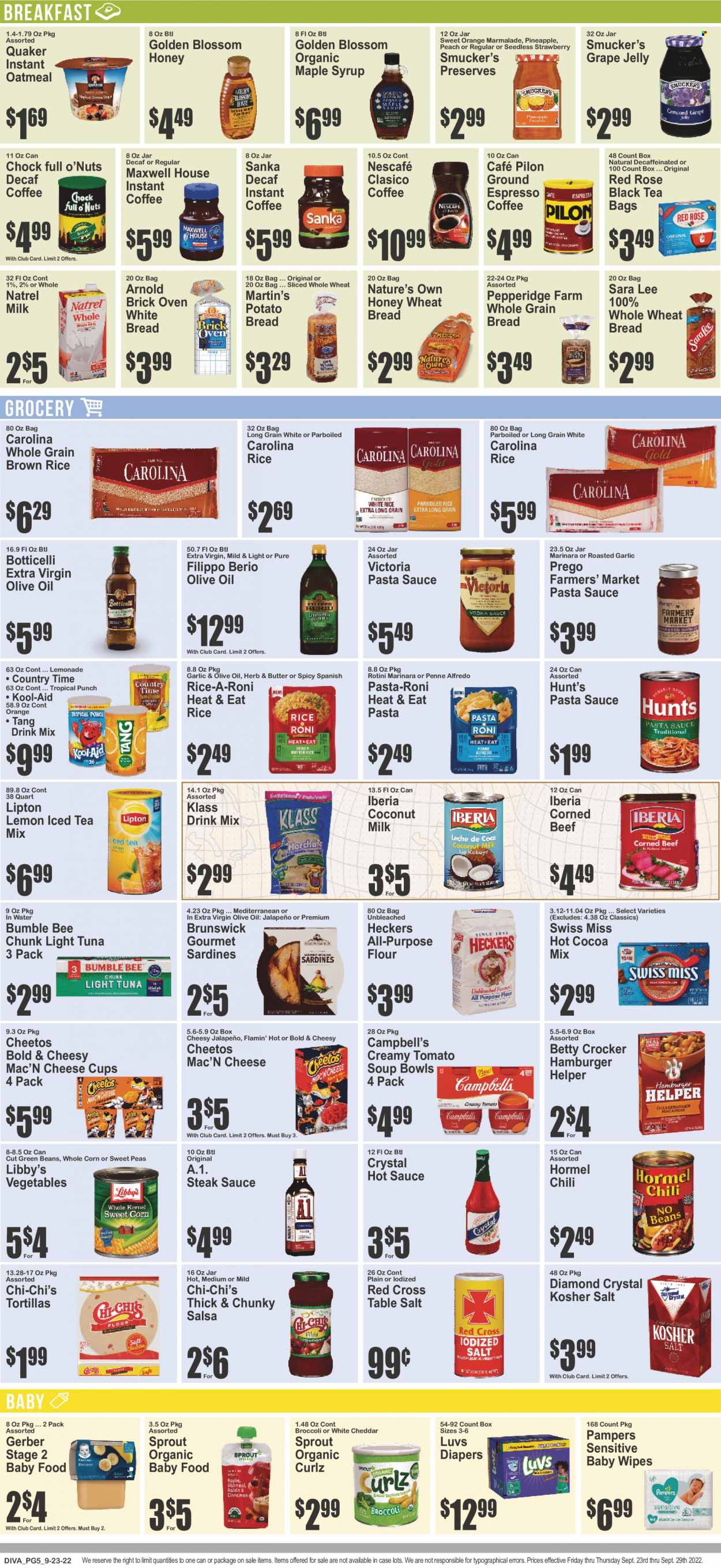 thumbnail - Key Food Flyer - 09/23/2022 - 09/29/2022 - Sales products - bread, tortillas, wheat bread, Sara Lee, broccoli, corn, green beans, peas, jalapeño, sweet corn, pineapple, sardines, tuna, Campbell's, tomato soup, pasta sauce, soup, Bumble Bee, sauce, Quaker, pasta sides, Hormel, ready meal, rice sides, corned beef, cheddar, cheese cup, jelly, Swiss Miss, Gerber, Cheetos, all purpose flour, oatmeal, salt, canned tuna, coconut milk, canned vegetables, light tuna, canned fish, brown rice, white rice, penne, steak sauce, hot sauce, salsa, extra virgin olive oil, olive oil, oil, grape jelly, maple syrup, syrup, marmalade, lemonade, Lipton, Country Time, fruit punch, powder drink, hot cocoa, Maxwell House, tea bags, coffee, instant coffee, Nescafé, organic baby food, wipes, Pampers, baby wipes, nappies, Nature's Own. Page 6.
