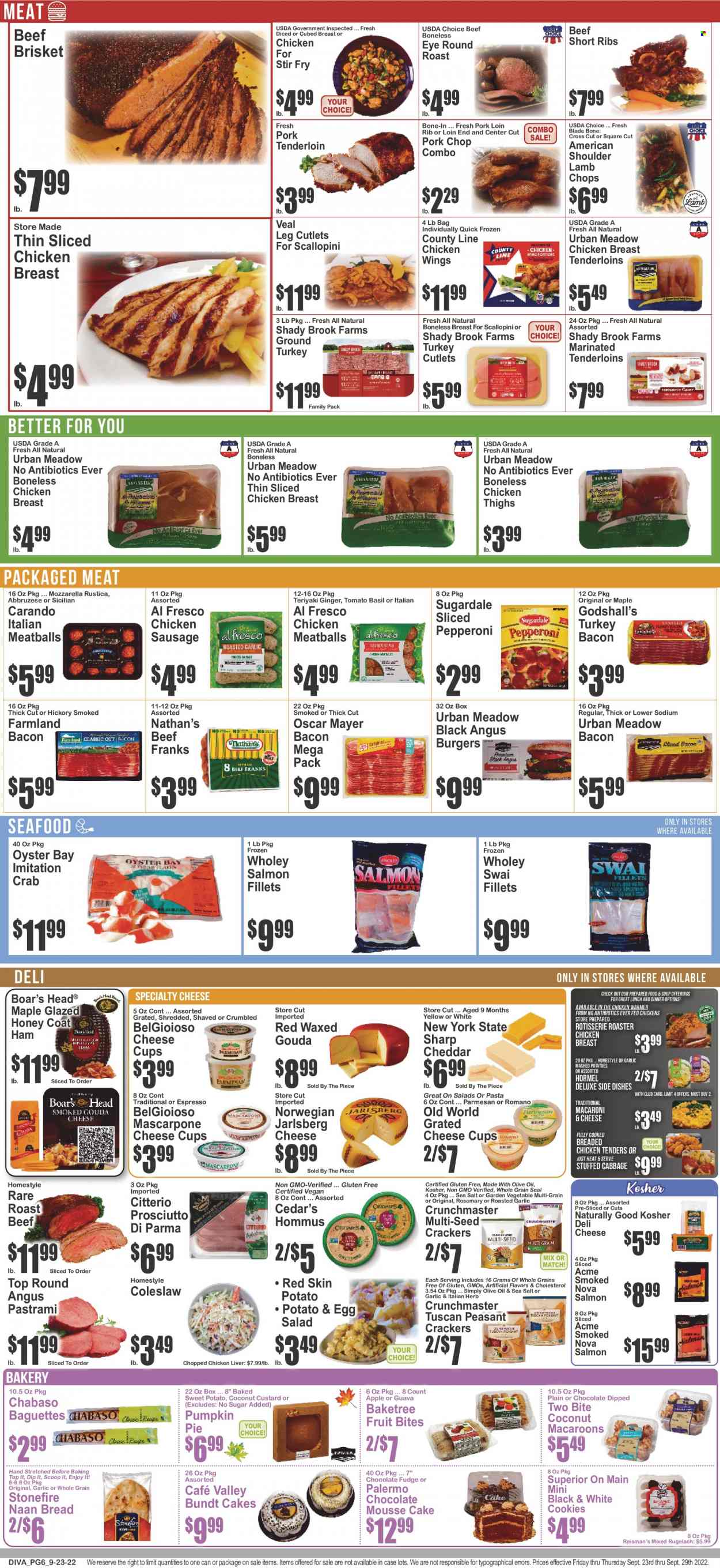 thumbnail - Key Food Flyer - 09/23/2022 - 09/29/2022 - Sales products - baguette, bread, cake, pie, bundt, ginger, sweet potato, pumpkin, salad, guava, salmon, salmon fillet, oysters, seafood, crab, swai fillet, coleslaw, macaroni & cheese, mashed potatoes, meatballs, soup, hamburger, fried chicken, Hormel, Sugardale, bacon, turkey bacon, ham, prosciutto, pastrami, Oscar Mayer, sausage, pepperoni, chicken sausage, hummus, gouda, mascarpone, cheese cup, parmesan, grated cheese, custard, eggs, dip, chicken wings, cookies, fudge, chocolate, crackers, rosemary, herbs, oil, ground turkey, chicken thighs, beef meat, beef ribs, round roast, roast beef, beef brisket, pork chops, pork loin, pork meat, pork tenderloin, lamb chops, lamb meat, cup. Page 7.