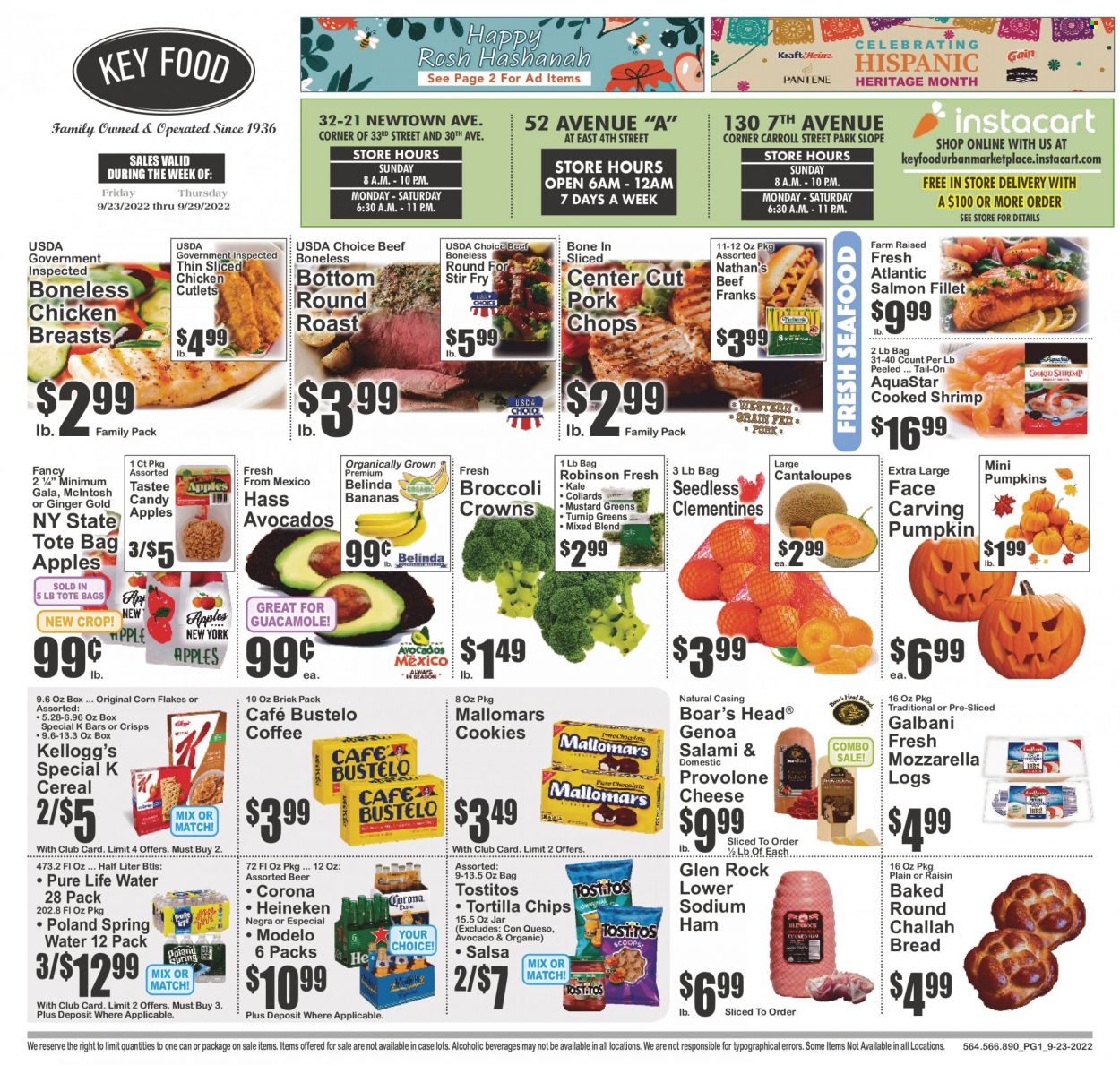 thumbnail - Key Food Flyer - 09/23/2022 - 09/29/2022 - Sales products - bread, challah, cantaloupe, ginger, kale, pumpkin, apples, bananas, Gala, salmon, salmon fillet, seafood, shrimps, Kraft®, salami, ham, guacamole, mozzarella, cheese, Galbani, Provolone, cookies, Kellogg's, tortilla chips, chips, Tostitos, Heinz, cereals, corn flakes, mustard, salsa, spring water, Pure Life Water, coffee, beer, Corona Extra, Heineken, Modelo, chicken breasts, chicken cutlets, beef meat, round roast, pork chops, pork meat, Gain, Pantene, fork, clementines, mustard greens. Page 1.