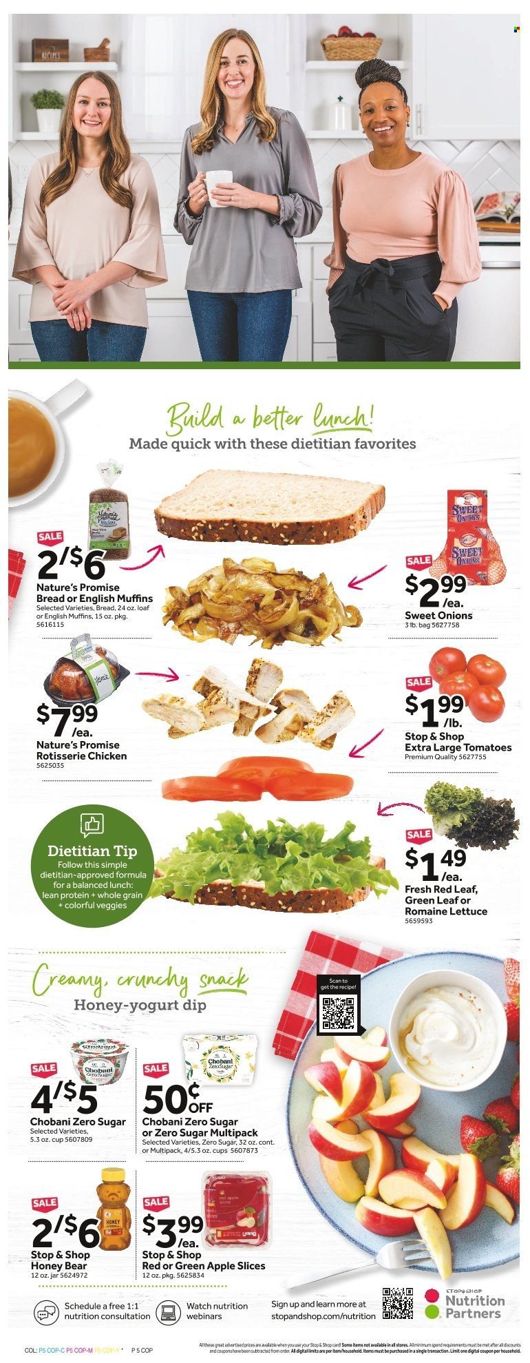 thumbnail - Stop & Shop Flyer - 09/23/2022 - 09/29/2022 - Sales products - english muffins, Nature’s Promise, tomatoes, chicken roast, yoghurt, Chobani, snack, honey. Page 5.
