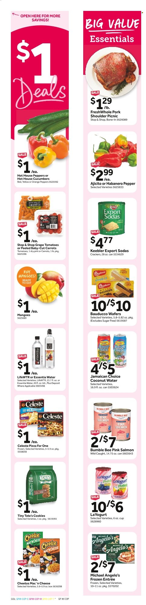 thumbnail - Stop & Shop Flyer - 09/23/2022 - 09/29/2022 - Sales products - cucumber, peppers, mango, oranges, pork meat, pork shoulder, salmon, pizza, Bumble Bee, lasagna meal, yoghurt, Celeste, cookies, wafers, chocolate, crackers, Keebler, Cheetos, pepper, coconut water, Lifewtr, red wine, wine. Page 12.
