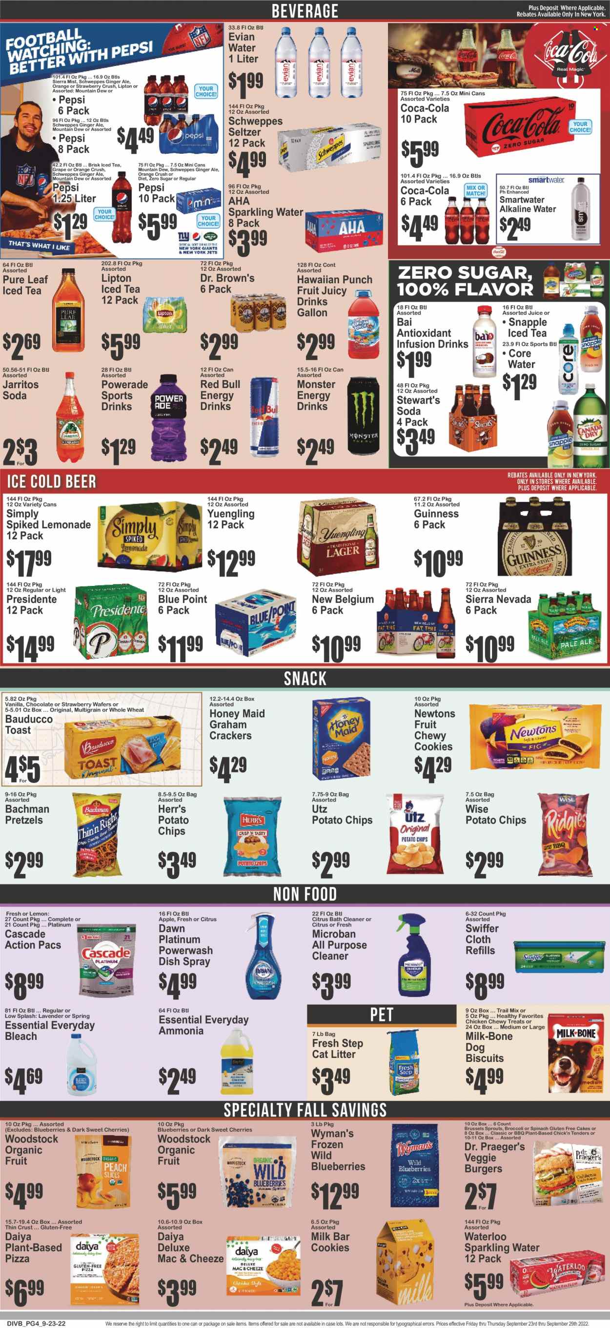 thumbnail - Food Universe Flyer - 09/23/2022 - 09/29/2022 - Sales products - pretzels, cake, broccoli, brussel sprouts, blueberries, oranges, pizza, veggie burger, cookies, graham crackers, wafers, chocolate, snack, crackers, Milkybar, potato chips, Honey Maid, trail mix, Coca-Cola, ginger ale, lemonade, Mountain Dew, Schweppes, Powerade, Pepsi, juice, energy drink, Monster, Lipton, ice tea, Red Bull, Monster Energy, Snapple, Dr. Brown's, Sierra Mist, Bai, seltzer water, soda, sparkling water, Smartwater, alkaline water, Evian, Pure Leaf, beer, Guinness, cleaner, bleach, all purpose cleaner, Swiffer, Cascade, cat litter, animal treats, dog food, dog biscuits, Fresh Step, Yuengling. Page 4.