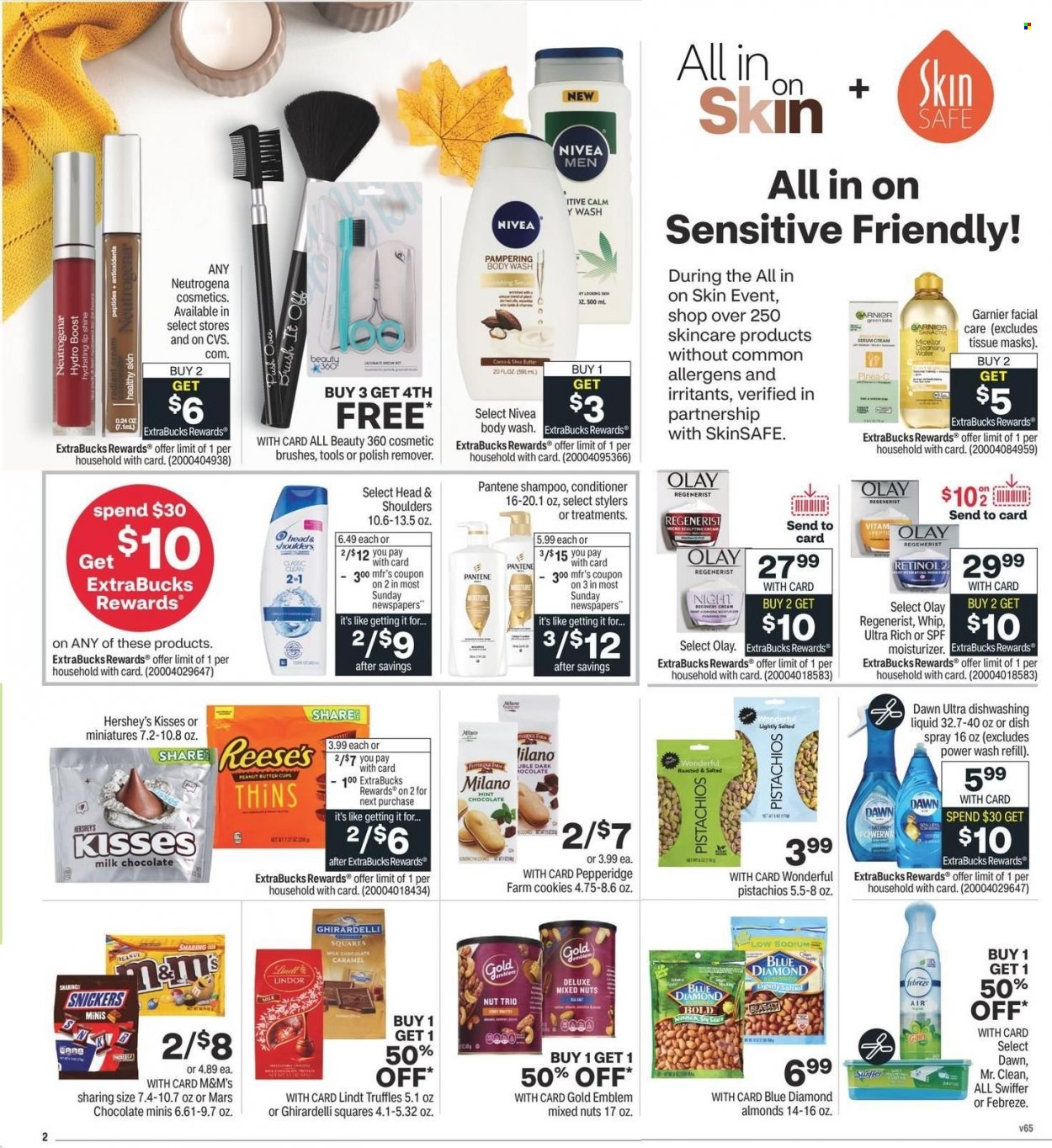 thumbnail - CVS Pharmacy Flyer - 09/25/2022 - 10/01/2022 - Sales products - sauce, Reese's, Hershey's, cookies, milk chocolate, chocolate, Lindt, Lindor, Snickers, Mars, truffles, M&M's, peanut butter cups, Ghirardelli, Thins, almonds, pistachios, mixed nuts, Blue Diamond, Boost, Nivea, Febreze, Gain, Swiffer, dishwashing liquid, body wash, shampoo, Garnier, moisturizer, Neutrogena, serum, Olay, conditioner, Head & Shoulders, Pantene, shea butter, brush. Page 3.