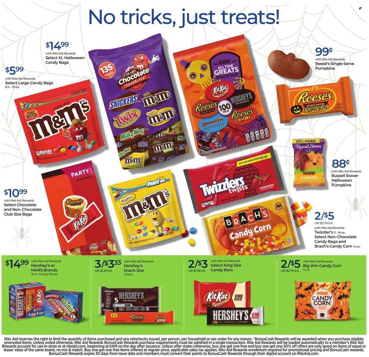 thumbnail - RITE AID Flyer - 09/25/2022 - 10/01/2022 - Sales products - Reese's, Hershey's, milk chocolate, snack, Milky Way, Snickers, Twix, Mars, KitKat, M&M's, chocolate candies, corn, pumpkin, caramel, peanut butter, Joy, Halloween. Page 11.