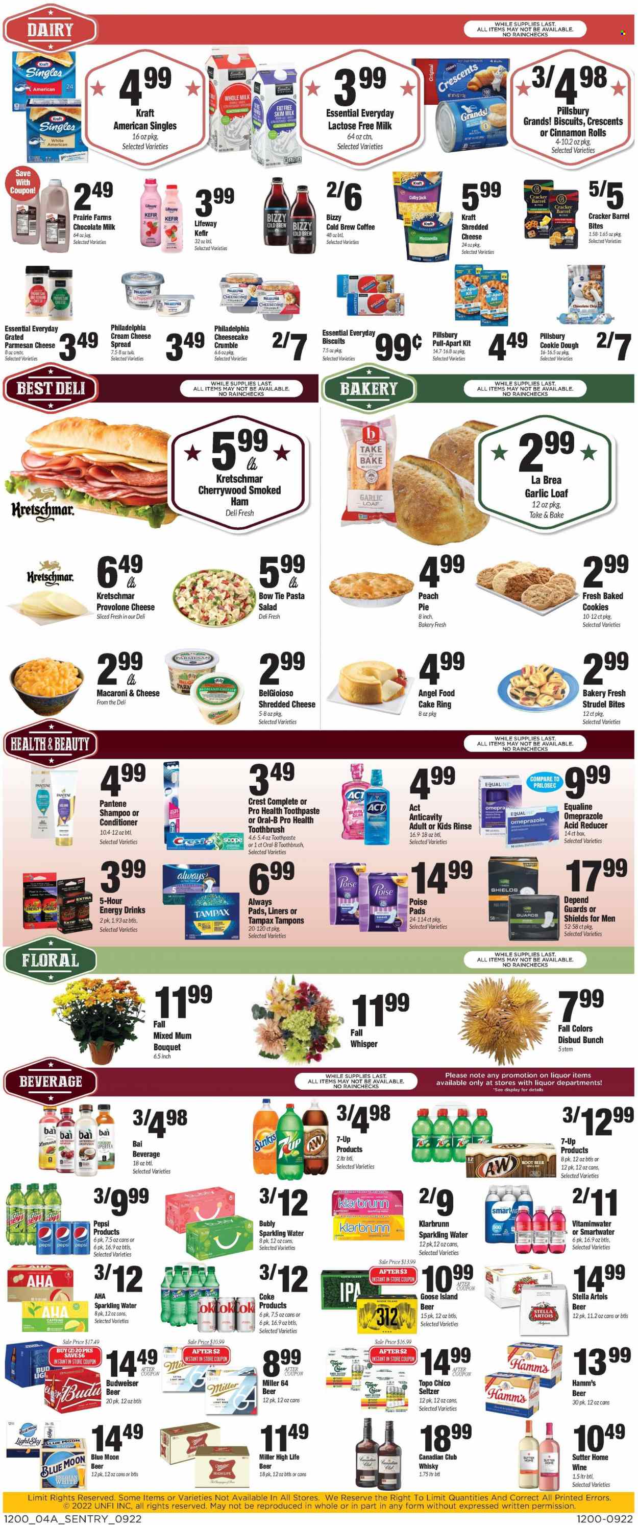 thumbnail - Sentry Foods Flyer - 09/22/2022 - 09/28/2022 - Sales products - cake, pie, strudel, cinnamon roll, Angel Food, garlic, ginger, salad, macaroni & cheese, pasta, Pillsbury, Kraft®, ham, smoked ham, cheese spread, pasta salad, Colby cheese, cream cheese, mozzarella, sandwich slices, shredded cheese, Philadelphia, parmesan, Kraft Singles, Provolone, milk, lactose free milk, kefir, cookie dough, cookies, milk chocolate, crackers, biscuit, Coca-Cola, Sprite, Pepsi, energy drink, 7UP, Bai, sparkling water, Smartwater, green tea, tea, coffee, champagne, wine, liquor, Hard Seltzer, whisky, beer, Miller, IPA, shampoo, toothbrush, Oral-B, toothpaste, Crest, Tampax, Always pads, Whisper, tampons, conditioner, Pantene, Mum, BIC, bouquet, Budweiser, Stella Artois, Blue Moon. Page 4.