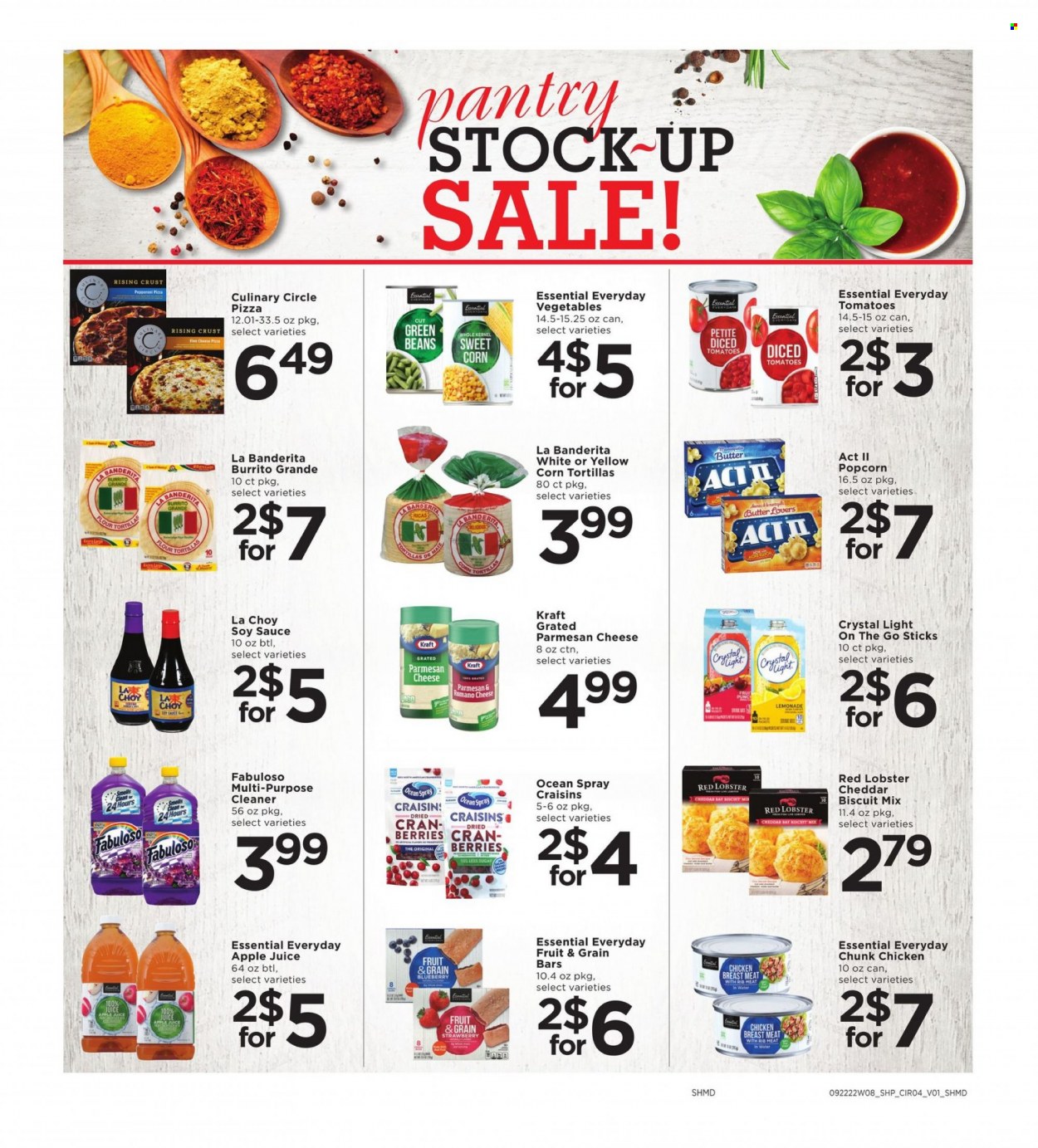 thumbnail - Shoppers Flyer - 09/22/2022 - 09/28/2022 - Sales products - corn tortillas, tortillas, flour tortillas, beans, green beans, sweet corn, lobster, pizza, sauce, burrito, Kraft®, pepperoni, cheddar, biscuit, popcorn, craisins, diced tomatoes, soy sauce, dried fruit, apple juice, lemonade, juice, chicken breasts. Page 4.