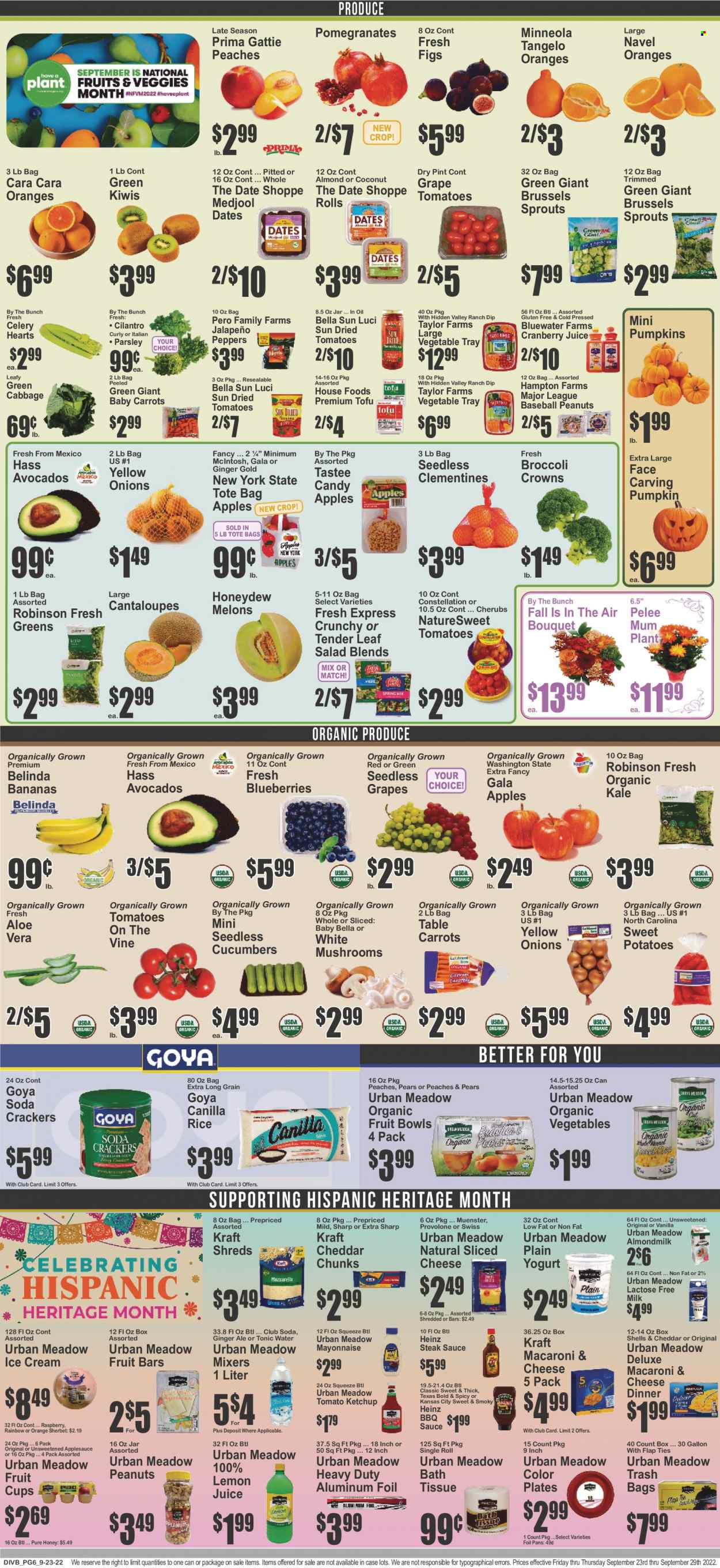 thumbnail - Food Dynasty Flyer - 09/23/2022 - 09/29/2022 - Sales products - mushrooms, cabbage, cantaloupe, carrots, celery, cucumber, sweet potato, kale, potatoes, pumpkin, parsley, onion, salad, jalapeño, brussel sprouts, sleeved celery, avocado, figs, Gala, kiwi, seedless grapes, honeydew, pears, oranges, fruit cup, macaroni & cheese, sauce, Kraft®, sliced cheese, Münster cheese, tofu, Provolone, almond milk, milk, lactose free milk, mayonnaise, dip, ice cream, sherbet, crackers, dried tomatoes, Heinz, Goya, Bella Sun Luci, rice, cilantro, BBQ sauce, steak sauce, ketchup, apple sauce, honey, peanuts, cranberry juice, ginger ale, tonic, Club Soda, lemon juice, steak, bath tissue, Mum, trash bags, tray, plate, aluminium foil, tote, tote bag, bouquet, clementines, melons, pomegranate, peaches, navel oranges. Page 6.
