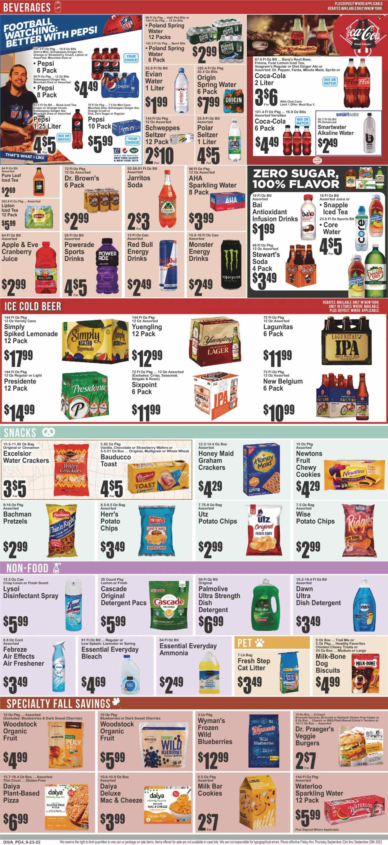 thumbnail - Brooklyn Fare Flyer - 09/23/2022 - 09/29/2022 - Sales products - pretzels, cake, broccoli, brussel sprouts, blueberries, oranges, pizza, veggie burger, cookies, graham crackers, wafers, chocolate, snack, crackers, Milkybar, potato chips, Honey Maid, cinnamon, trail mix, Coca-Cola, cranberry juice, ginger ale, lemonade, Mountain Dew, Schweppes, Sprite, Powerade, Pepsi, juice, Fanta, energy drink, Monster, Lipton, ice tea, Dr. Pepper, Red Bull, Monster Energy, Snapple, Dr. Brown's, Sierra Mist, Bai, fruit punch, seltzer water, soda, sparkling water, Smartwater, alkaline water, Evian, Pure Leaf, beer, detergent, Febreze, bleach, desinfection, Lysol, Cascade, dishwasher cleaner, Palmolive, antibacterial spray, air freshener, cat litter, animal treats, dog food, dog biscuits, Fresh Step, Yuengling. Page 4.