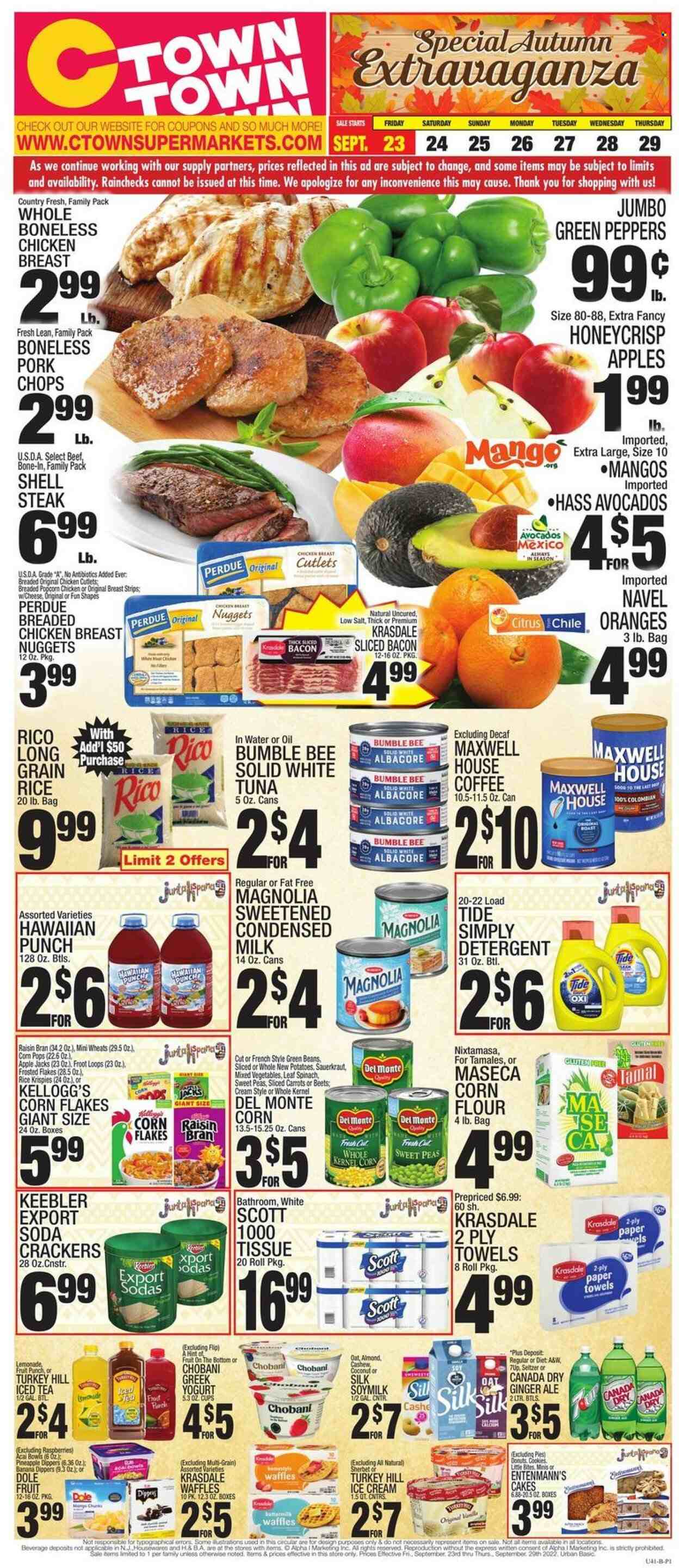 thumbnail - C-Town Flyer - 09/23/2022 - 09/29/2022 - Sales products - cake, donut, waffles, Entenmann's, carrots, green beans, spinach, potatoes, Dole, peppers, apples, avocado, mango, pineapple, oranges, coconut, tuna, nuggets, Bumble Bee, fried chicken, chicken nuggets, Perdue®, bacon, greek yoghurt, Chobani, buttermilk, soy milk, condensed milk, Silk, ice cream, sherbet, mixed vegetables, strips, cookies, crackers, Kellogg's, Keebler, popcorn, flour, oats, corn flour, sauerkraut, Del Monte, corn flakes, Rice Krispies, Frosted Flakes, Corn Pops, Raisin Bran, long grain rice, Canada Dry, ginger ale, lemonade, ice tea, 7UP, A&W, fruit punch, seltzer water, soda, Maxwell House, coffee, chicken cutlets, beef meat, steak, sirloin steak, pork chops, pork meat. Page 1.