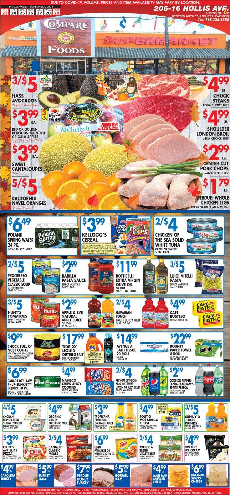 thumbnail - Compare Foods Flyer - 09/23/2022 - 09/29/2022 - Sales products - waffles, cantaloupe, Dole, avocado, Gala, Golden Delicious, tuna, pizza, pasta sauce, soup, sauce, Barilla, Progresso, Perdue®, Hormel, ham, american cheese, swiss cheese, yoghurt, Chobani, organic milk, ice cream, cookies, Bounty, Kellogg's, bread sticks, chips, Chicken of the Sea, cereals, extra virgin olive oil, olive oil, honey, apple juice, Canada Dry, Coca-Cola, Sprite, Pepsi, orange juice, juice, Fanta, Lipton, Dr. Pepper, 7UP, A&W, spring water, coffee, whole chicken, chicken legs, steak, pork chops, pork meat, navel oranges. Page 1.