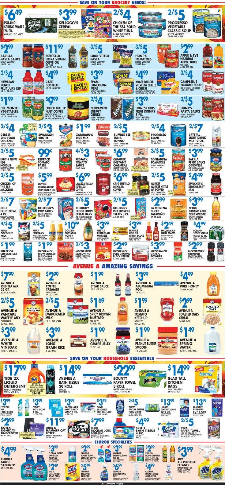 thumbnail - Compare Foods Flyer - 09/23/2022 - 09/29/2022 - Sales products - puffs, Dole, jalapeño, mackerel, tuna, Campbell's, tomato soup, pasta sauce, soup, Bumble Bee, sauce, pancakes, Barilla, fajita, Quaker, noodles, Progresso, Kraft®, Spam, lunch meat, evaporated milk, Blossom, creamer, Nestlé, chocolate, Bounty, jelly, cereal bar, Kellogg's, Pop-Tarts, Gerber, popcorn, ARM & HAMMER, oatmeal, sea salt, broth, black beans, coconut milk, tomato paste, tomato sauce, Chicken of the Sea, Del Monte, cereals, Rice Krispies, Frosted Flakes, toasted oats, egg noodles, long grain rice, spice, garlic powder, mustard, steak sauce, ketchup, pesto, wing sauce, apple cider vinegar, extra virgin olive oil, vinegar, olive oil, grape jelly, honey, fruit jam, peanut butter, apple juice, juice, energy drink, ice tea, spring water, Lavazza, steak, cat litter, Vicks. Page 2.