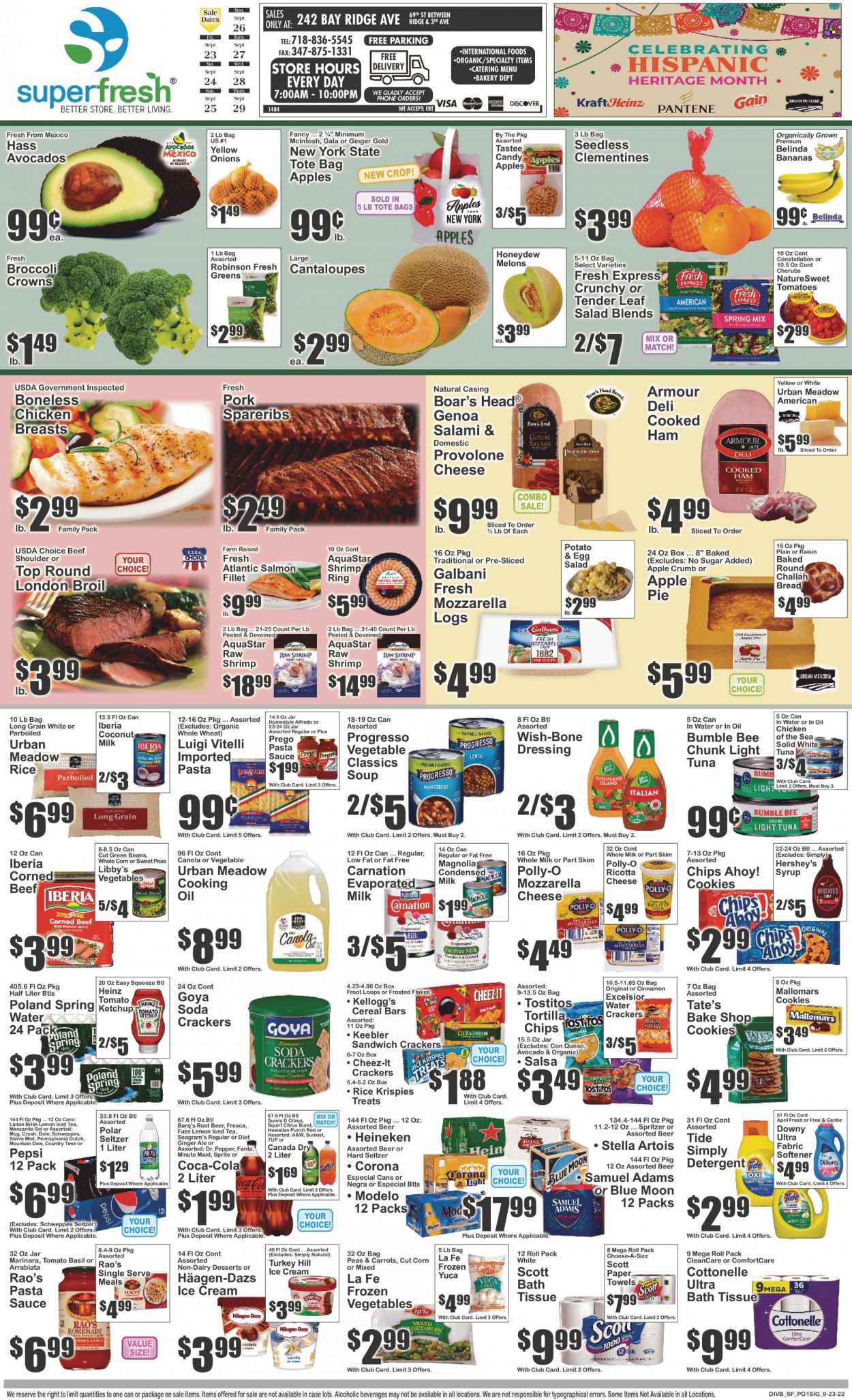 thumbnail - Super Fresh Flyer - 09/23/2022 - 09/29/2022 - Sales products - bread, pie, apple pie, challah, cantaloupe, corn, green beans, salad, Dole, avocado, Gala, honeydew, salmon, salmon fillet, tuna, shrimps, pasta sauce, soup, Bumble Bee, sauce, Progresso, cooked ham, salami, ham, corned beef, mozzarella, ricotta, Galbani, Provolone, evaporated milk, condensed milk, eggs, ice cream, Hershey's, Häagen-Dazs, frozen vegetables, cookies, cereal bar, crackers, Kellogg's, Chips Ahoy!, Keebler, tortilla chips, Cheez-It, Tostitos, coconut milk, Heinz, light tuna, Chicken of the Sea, Goya, cereals, Rice Krispies, Frosted Flakes, cinnamon, ketchup, dressing, salsa, cooking oil, syrup, Canada Dry, Coca-Cola, ginger ale, Mountain Dew, Schweppes, Sprite, Pepsi, Fanta, Lipton, ice tea, Dr. Pepper, 7UP, A&W, Sierra Mist, Country Time, fruit punch, soda, Hard Seltzer, beer, Corona Extra, Heineken, Modelo, chicken breasts, beef meat, pork spare ribs, bath tissue, Cottonelle, Scott, kitchen towels, paper towels, detergent, Tide, fabric softener, Downy Laundry, clementines, Stella Artois, melons, Blue Moon. Page 1.