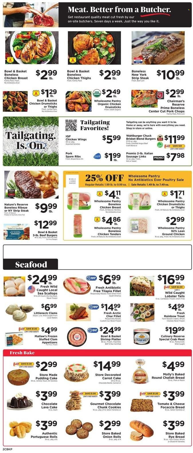 thumbnail - ShopRite Flyer - 09/25/2022 - 10/01/2022 - Sales products - bread, cake, focaccia, Bowl & Basket, challah, onion, clams, crab meat, lobster, scallops, tilapia, trout, seafood, crab, lobster tail, shrimps, chicken tenders, hamburger, beef burger, sausage, italian sausage, chicken wings, cookies, chocolate, ground chicken, chicken breasts, chicken thighs, chicken drumsticks, beef meat, steak, striploin steak, pork chops, pork loin, pork meat, pork ribs, pork spare ribs. Page 2.