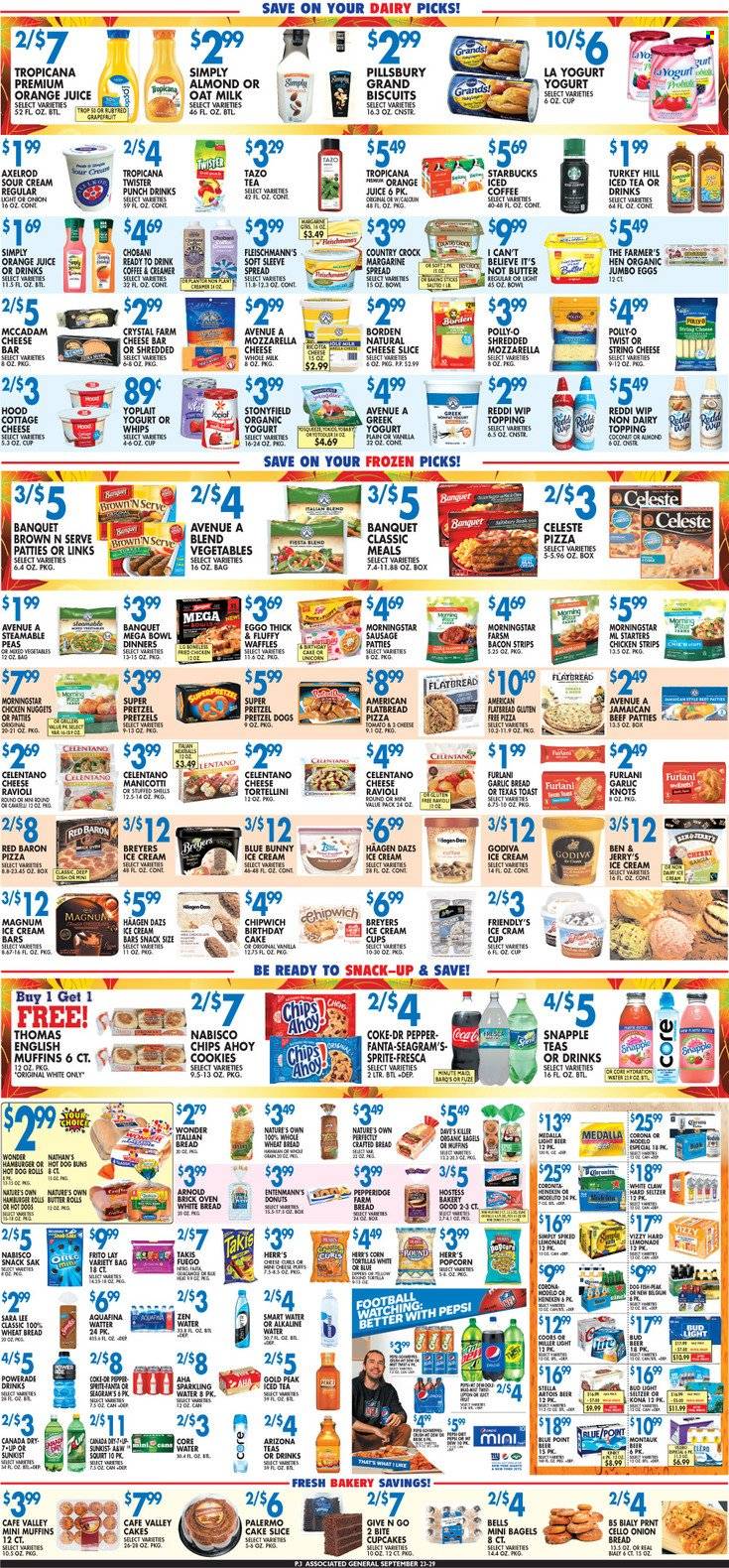 thumbnail - Associated Supermarkets Flyer - 09/23/2022 - 09/29/2022 - Sales products - flatbread, muffin, onion, yoghurt, sour cream, Celeste, snack, Coca-Cola, Pepsi, Dr. Pepper, Snapple, red wine, wine. Page 3.